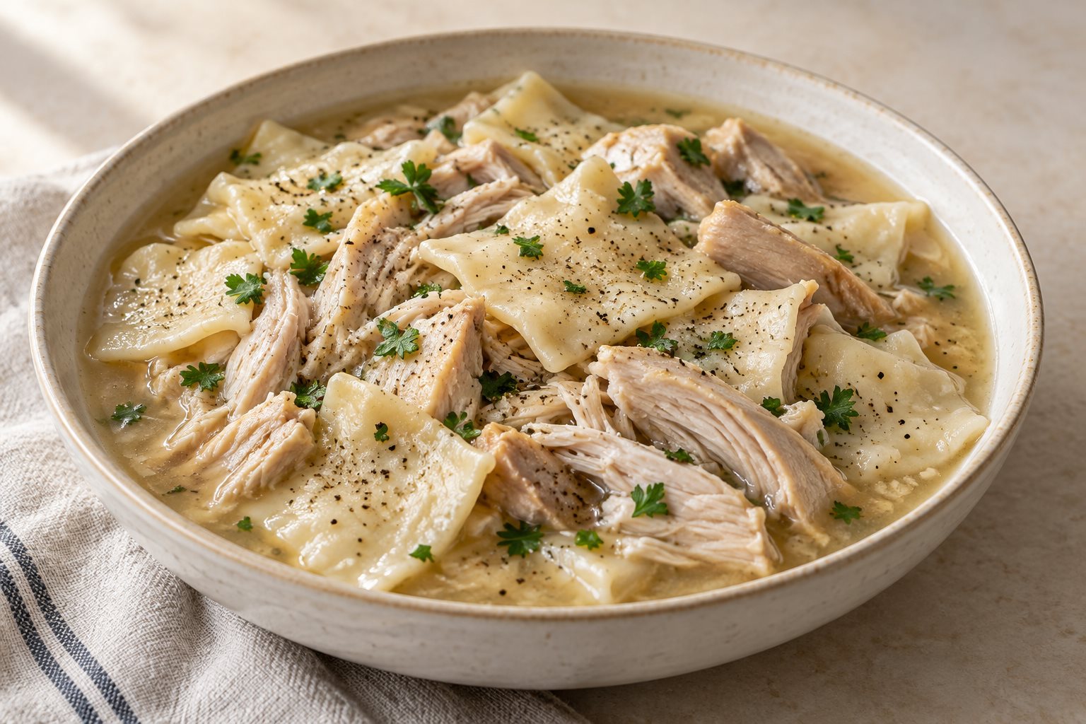 A wide bowl of chicken and flat square dumplings in pale thickened broth, the squares overlapping and glossy, with black pepper and parsley over the top
