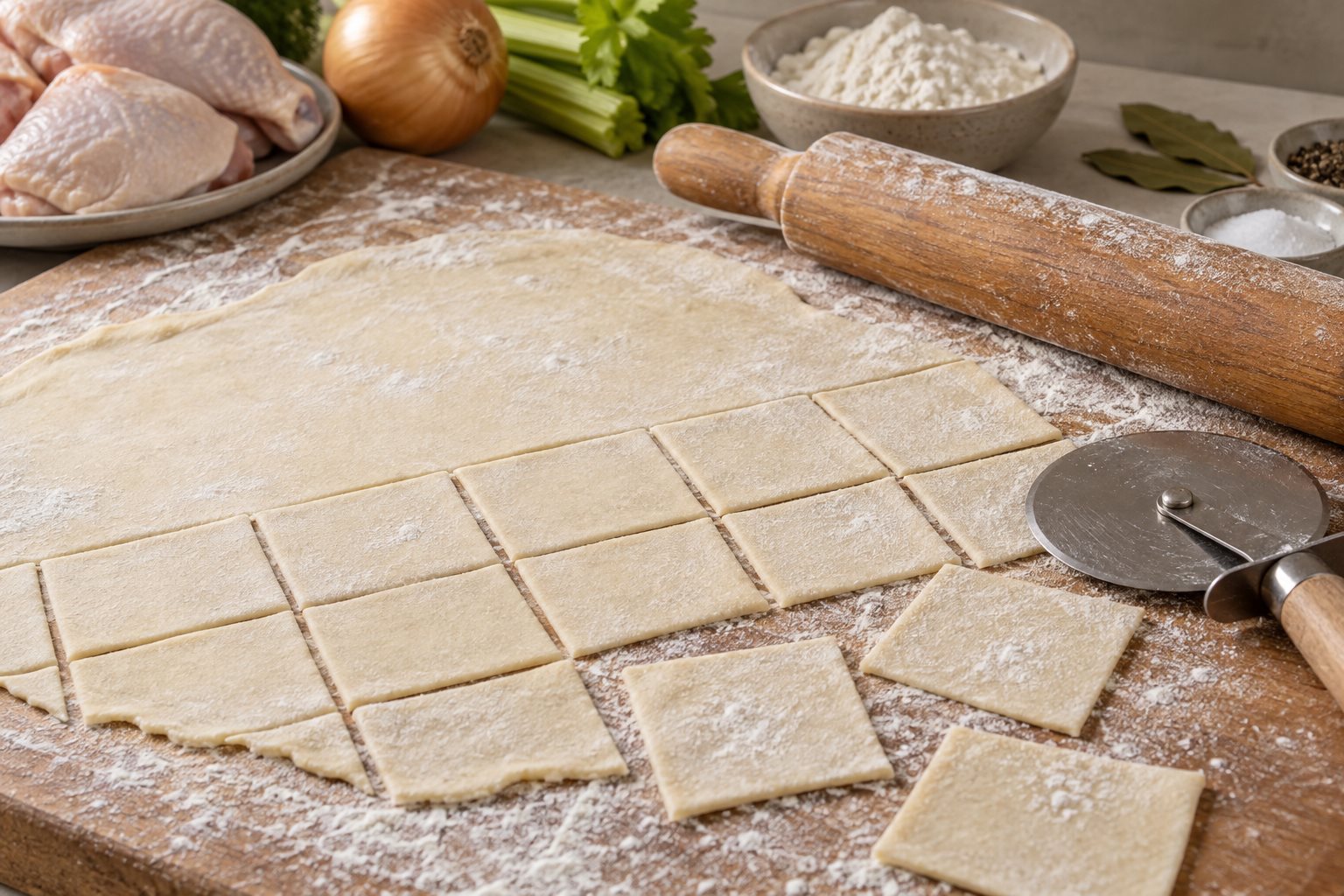A thin sheet of dumpling dough cut into flat squares with a pizza wheel on a flour-dusted board.