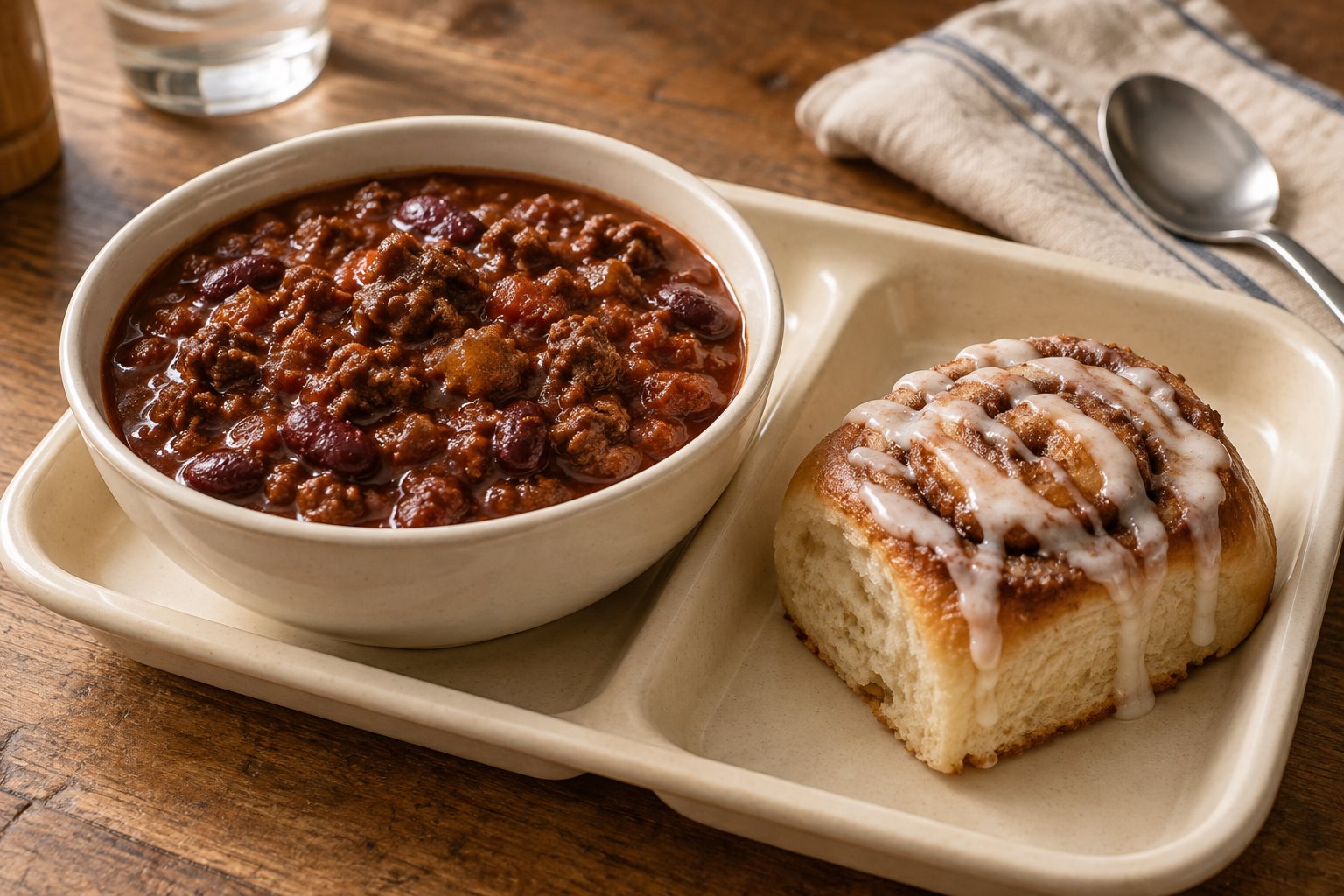 A bowl of thick beef and bean chili beside an iced cinnamon roll on a cream compartment tray.