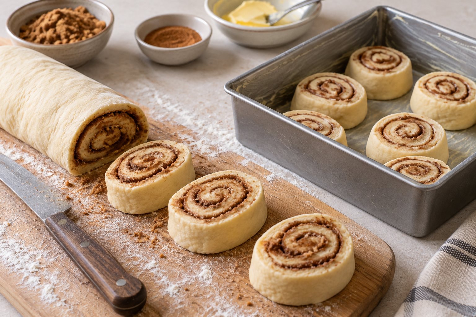 A cinnamon-filled dough log and freshly cut spiral rounds beside a buttered baking pan.