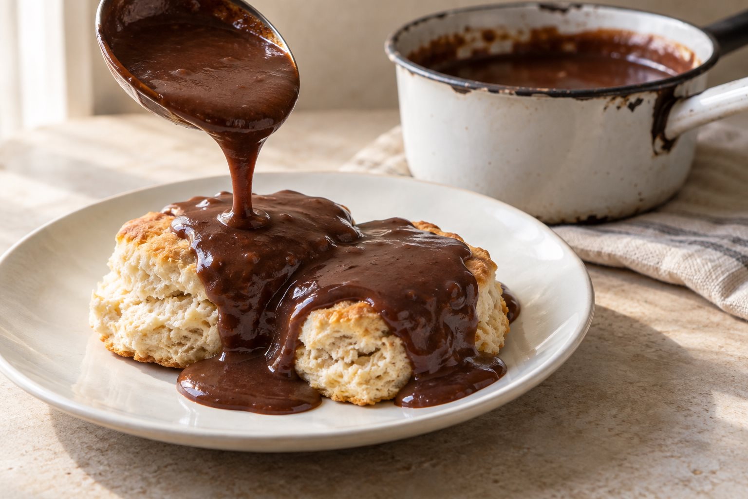 Split buttermilk biscuits on a white plate under a pour of dark glossy chocolate gravy, with the rest of the gravy in a chipped enamel saucepan behind