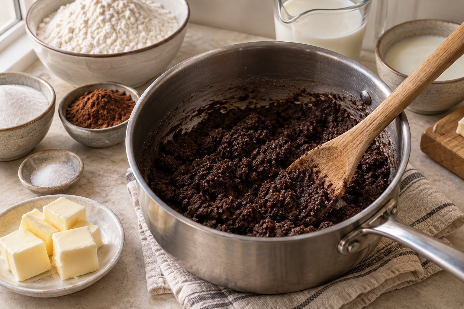 A wooden spoon stirring the chocolate gravy roux in a small heavy saucepan. Dark cocoa-sugar-flour mixture with melted butter looks like moist dark sand, before milk is added. Not a shiny finished sauce.