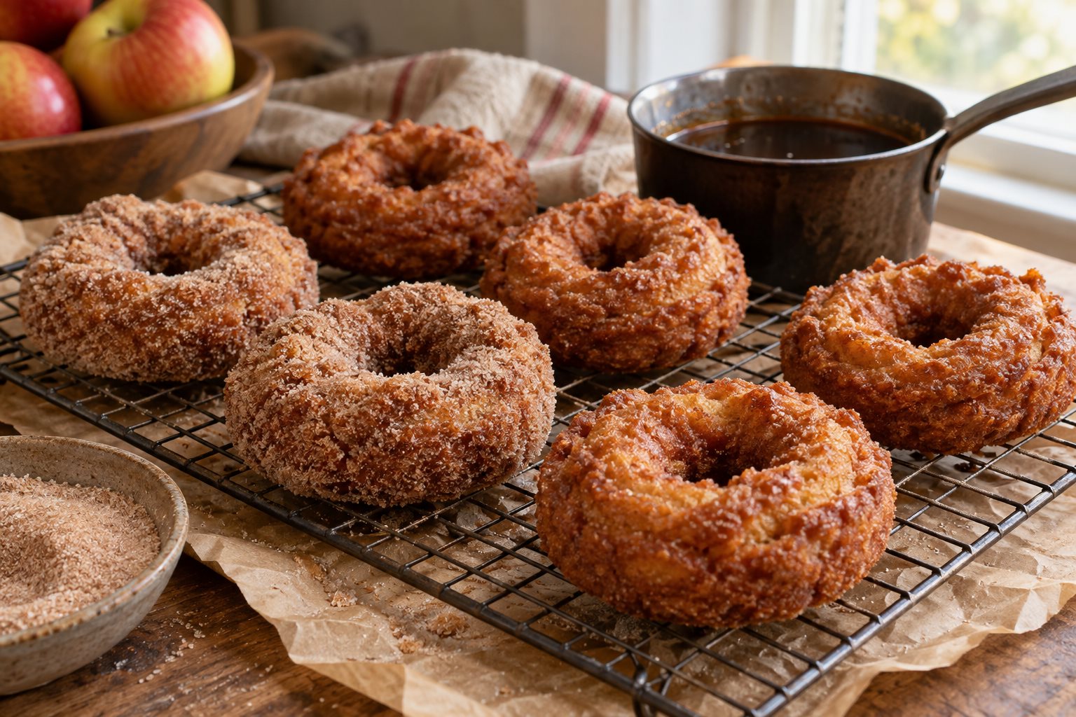 Cake doughnuts on a wire rack over brown paper, dark gold and craggy at the break, some of them rolled in cinnamon sugar and others still bare, with a small pan of dark boiled cider beside them