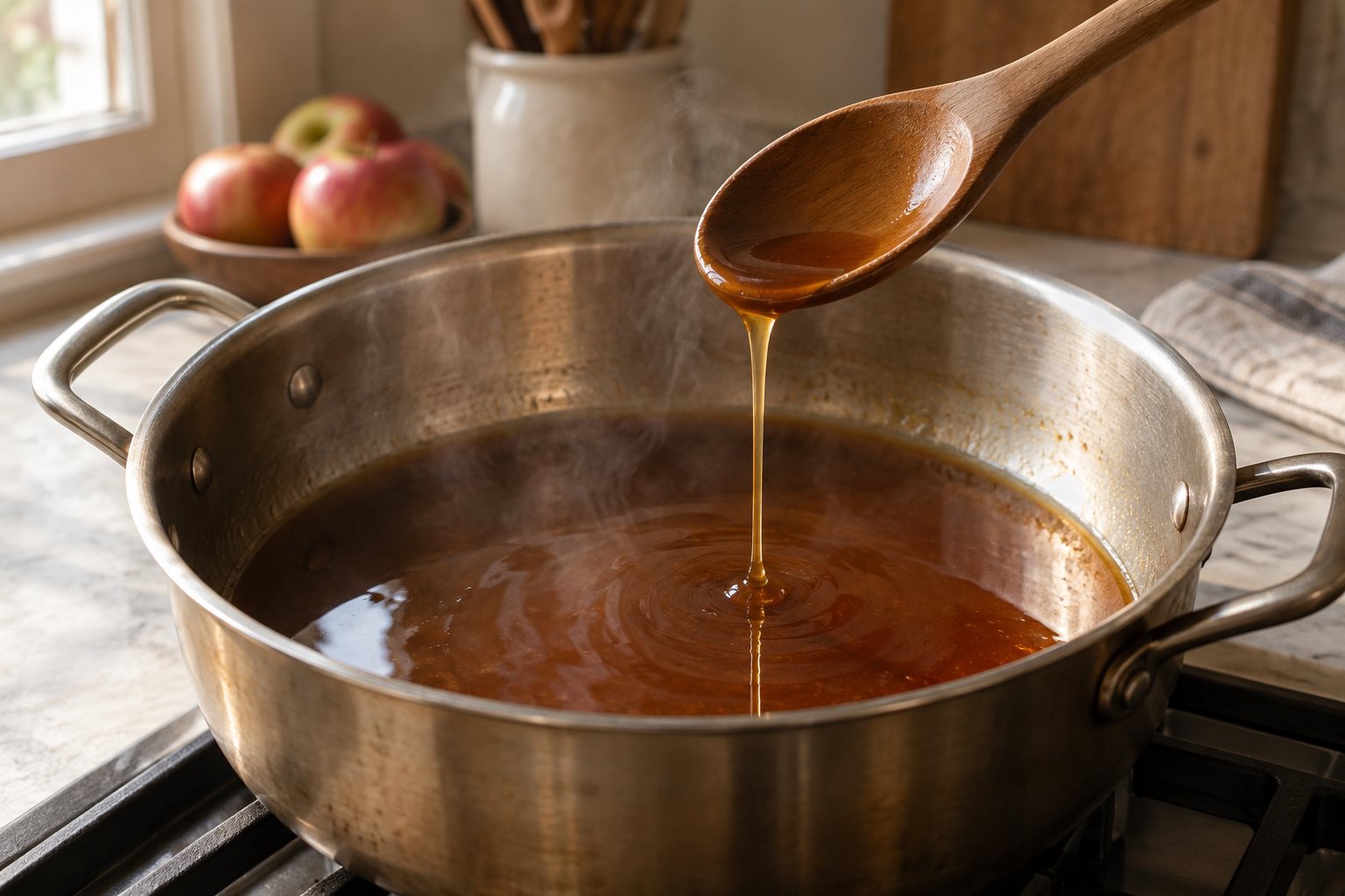 Dark apple cider reduced to a light syrup in a wide pan