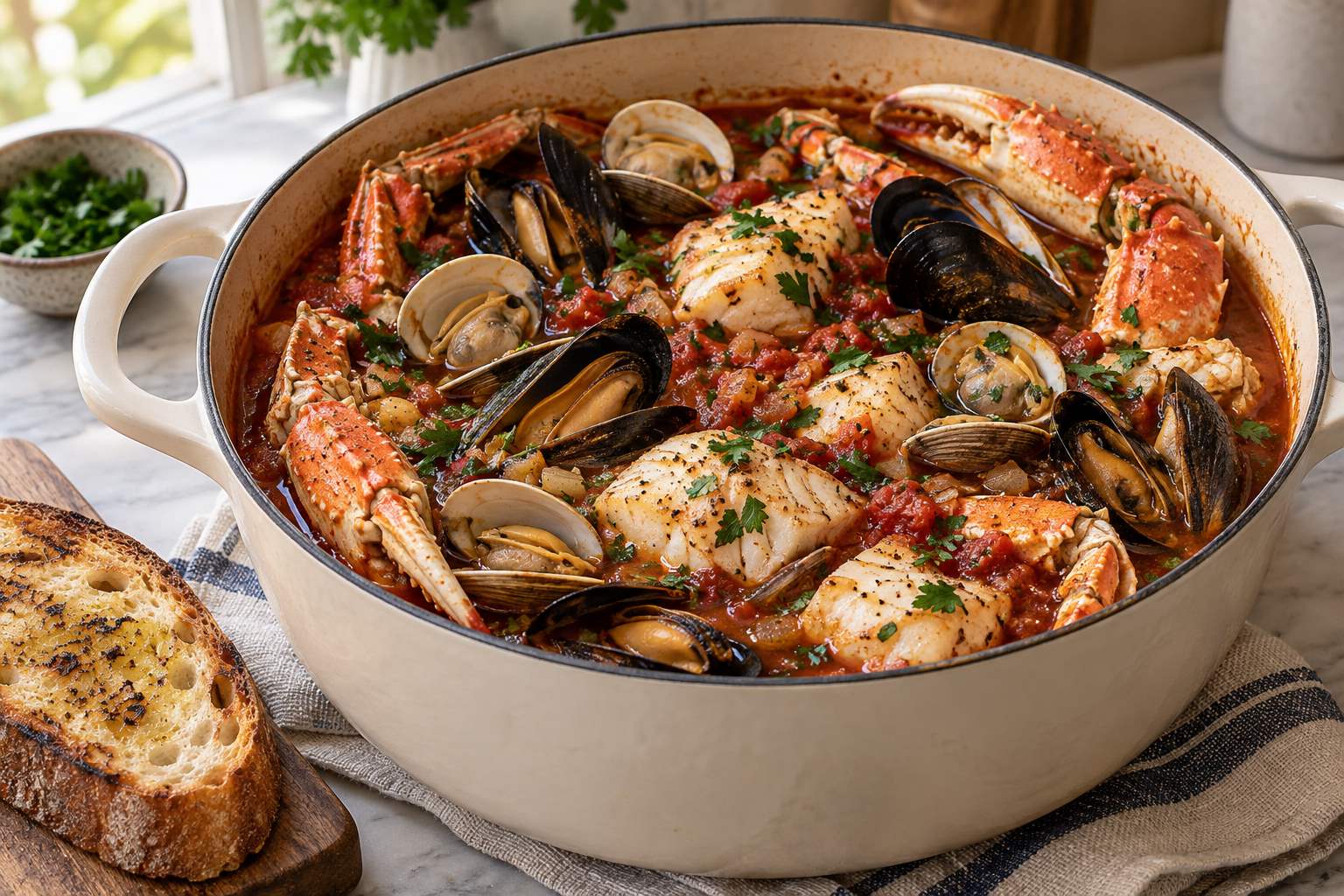 Cioppino with white fish, open clams and mussels, cracked Dungeness crab and parsley in tomato broth.