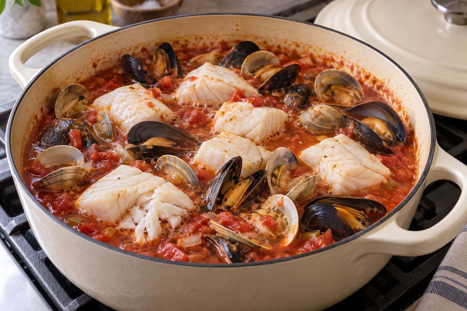 Intact white fish pieces poaching in one layer above tomato broth and open shellfish.
