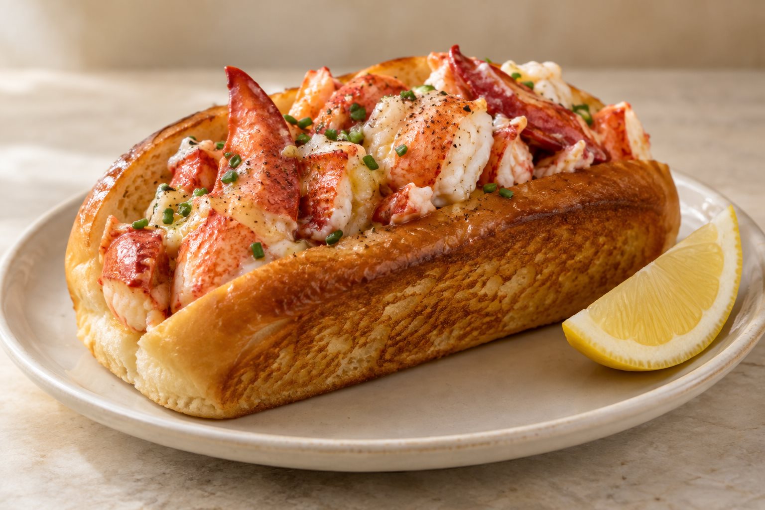 A split-top bun griddled golden on both flat sides, overflowing with large pieces of warm lobster meat glossy with butter, a wedge of lemon beside it