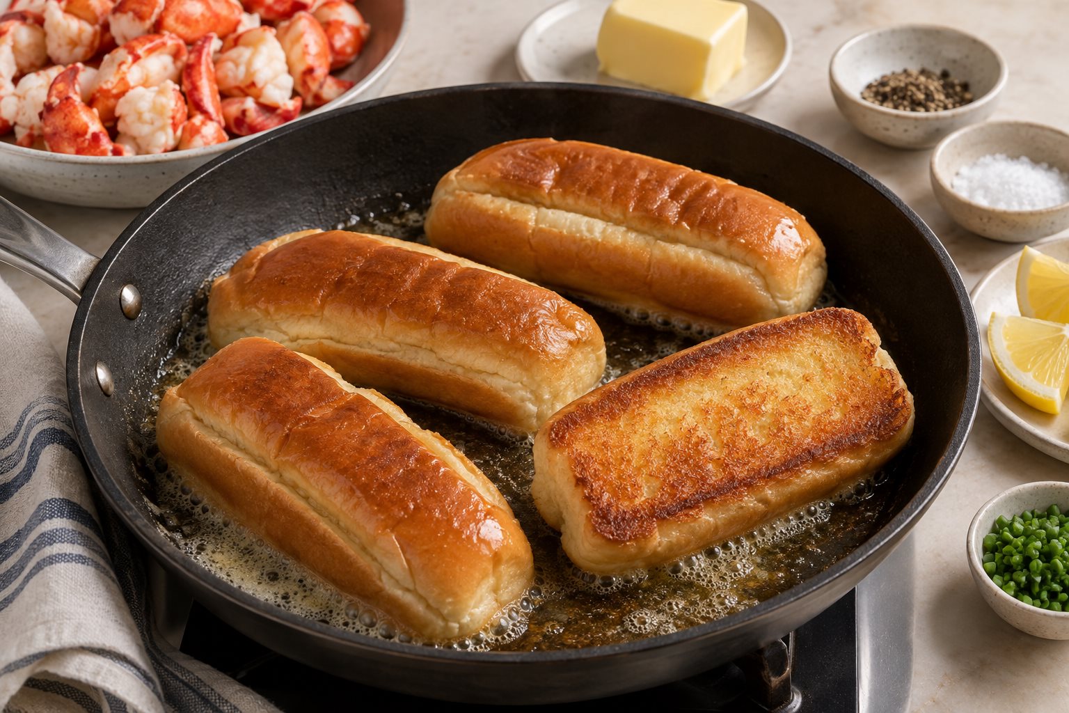 New England split-top hot dog rolls lying on their flat outer sides in a skillet with melted butter, one turned to reveal an evenly golden crisp rectangular side. Empty rolls, no lobster in the pan yet.