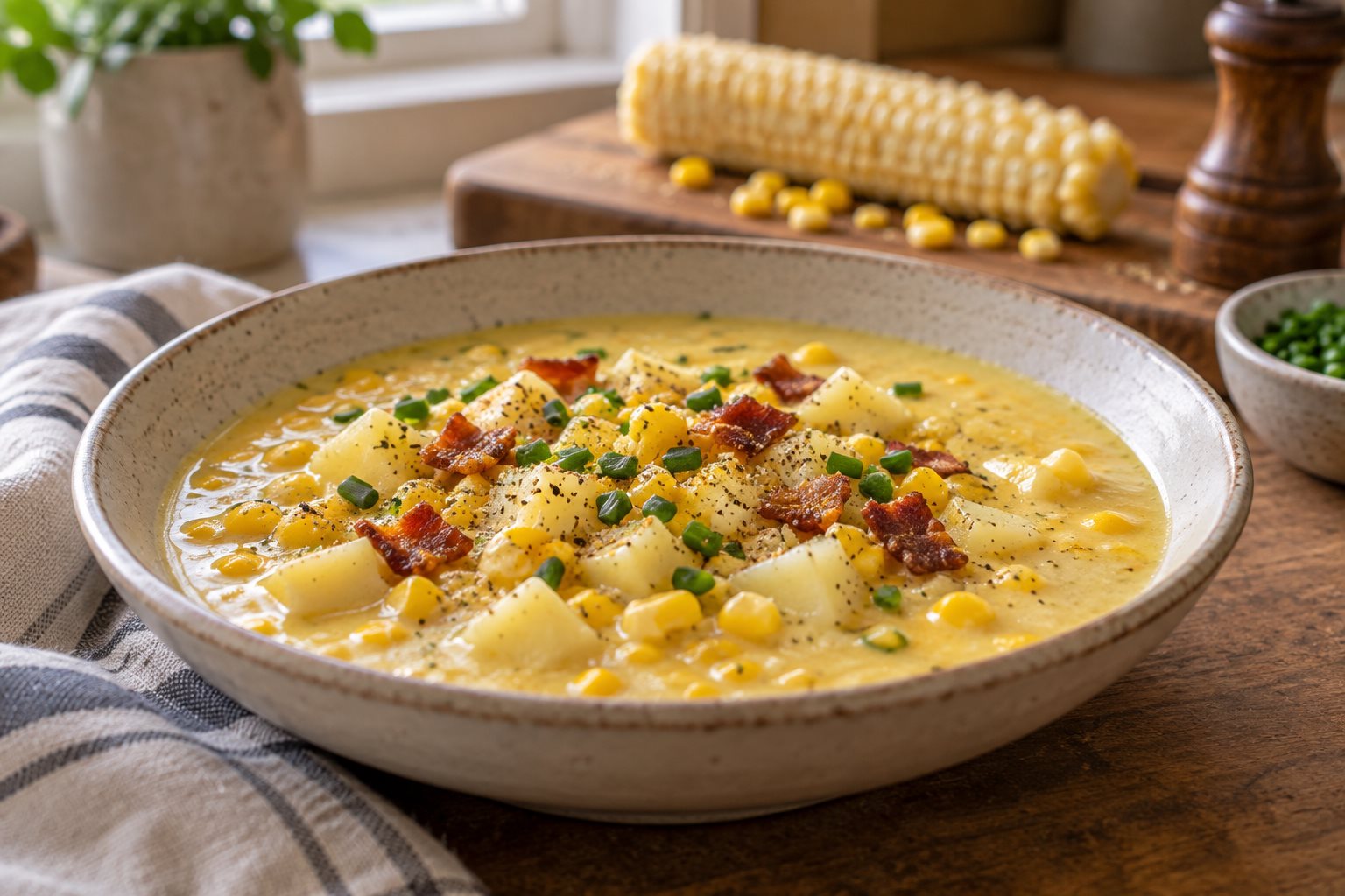 A shallow bowl of pale yellow corn chowder, kernels and cubes of potato heaped in the middle, crisp scraps of salt pork and black pepper on top, a stripped corn cob on the board behind