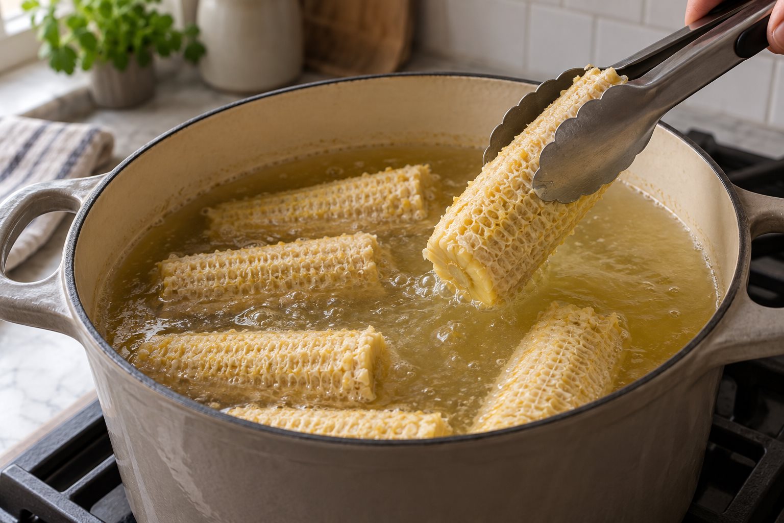 Stripped corn cobs simmering in a pot of broth