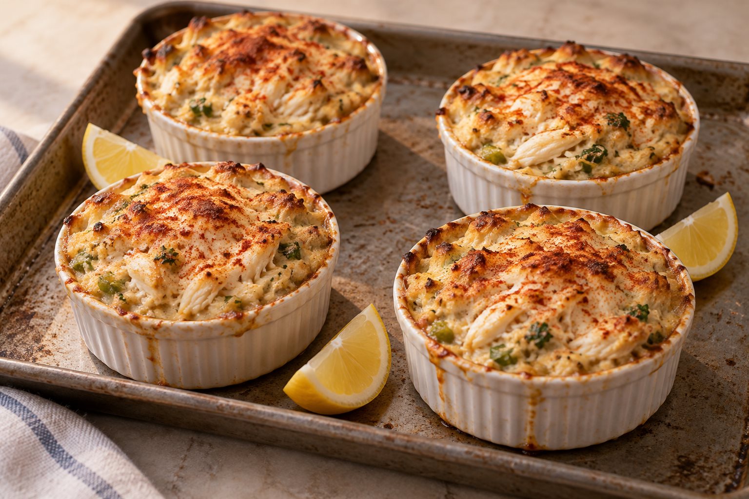Four shallow ramekins of baked crab imperial on a sheet pan, the pale tops browned in patches and dusted with paprika, lemon wedges alongside