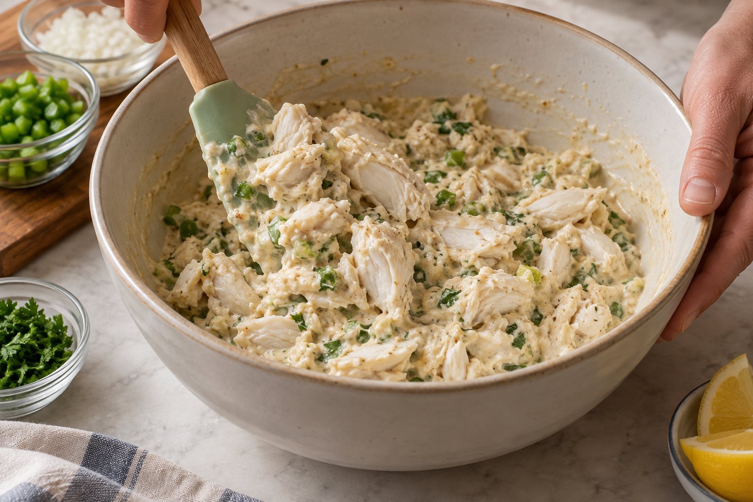 Large lumps of crab being gently folded into thick cooked sauce with green pepper and parsley.