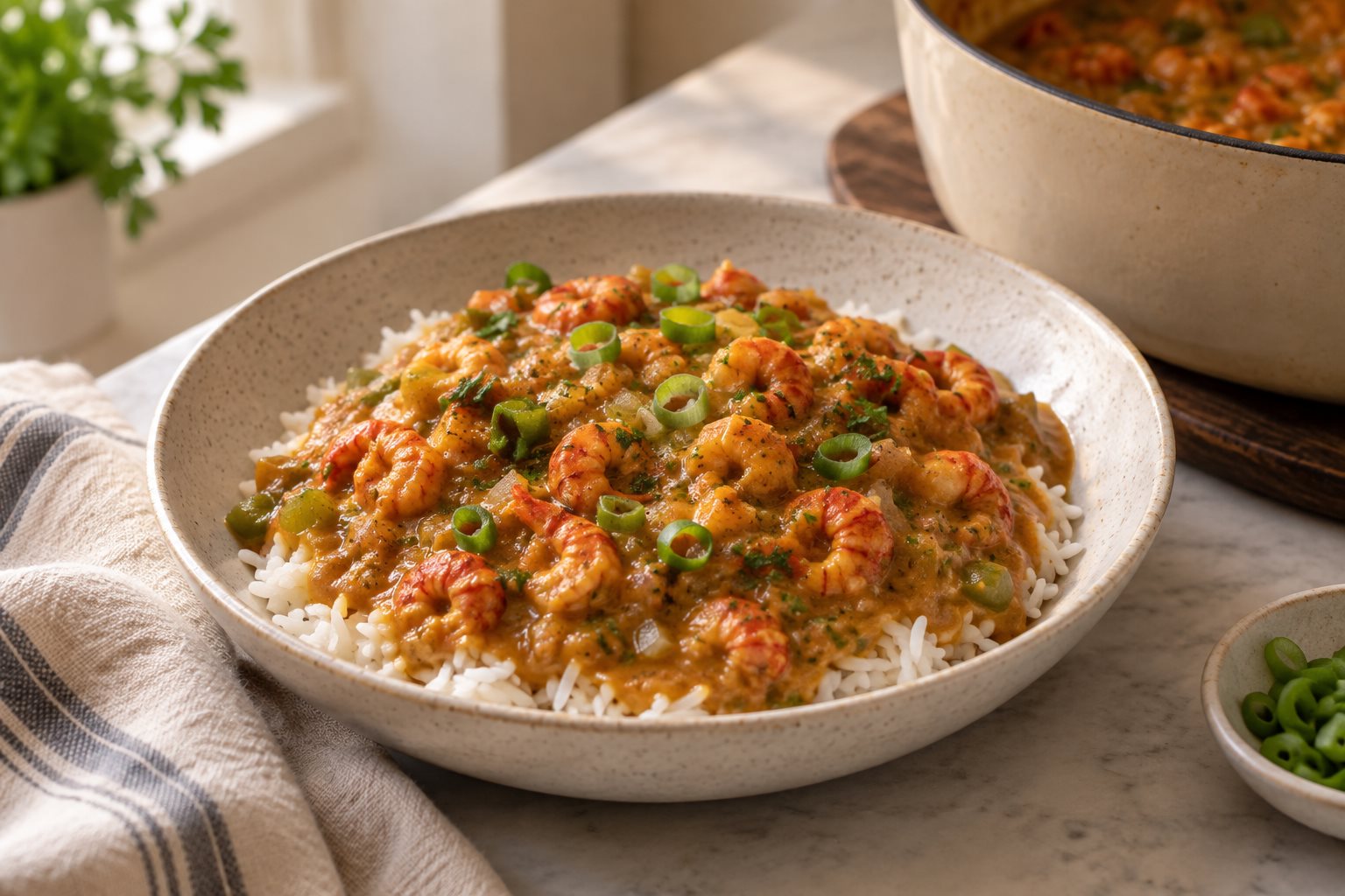 A shallow bowl of orange crawfish étouffée over white rice, tails visible in a glossy sauce with green onion scattered over the top