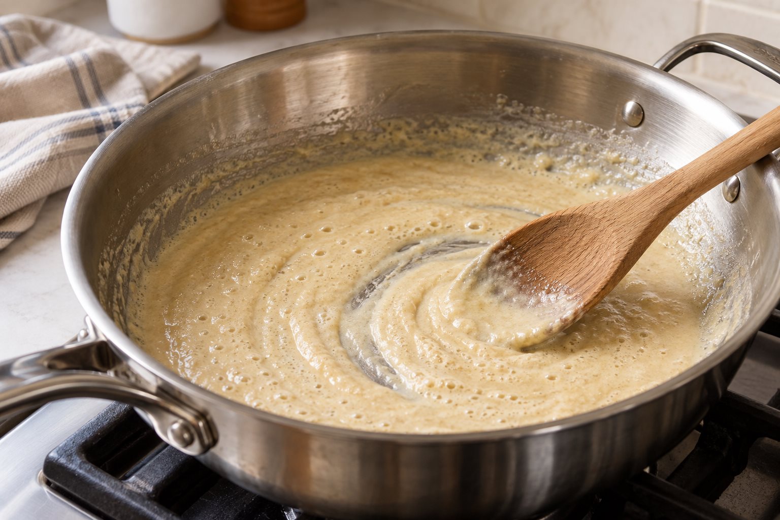 Pale blond roux stirred with a wooden spoon in a stainless skillet
