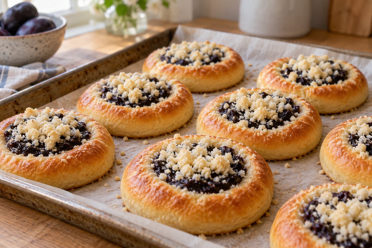 round golden pastries on a baking sheet, each with a dark prune centre under a pale scattering of crumb topping