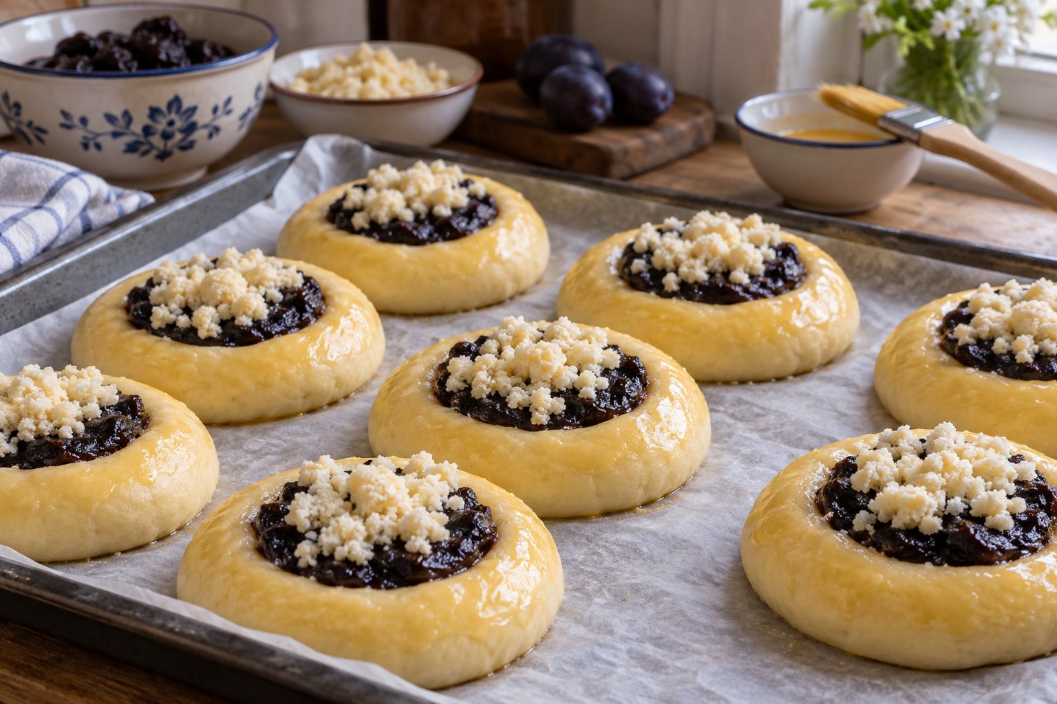 Prune filling and pale crumb topping added to round kolache buns