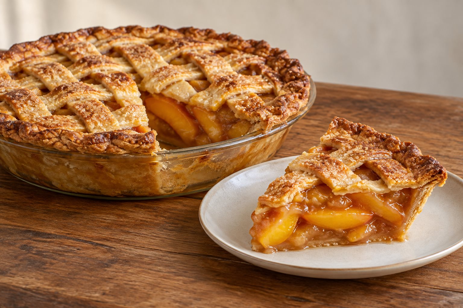 A deep-dish peach pie with a woven lattice top on a wooden table, thick amber juice just showing between the strips, one slice cut out and standing on a plate