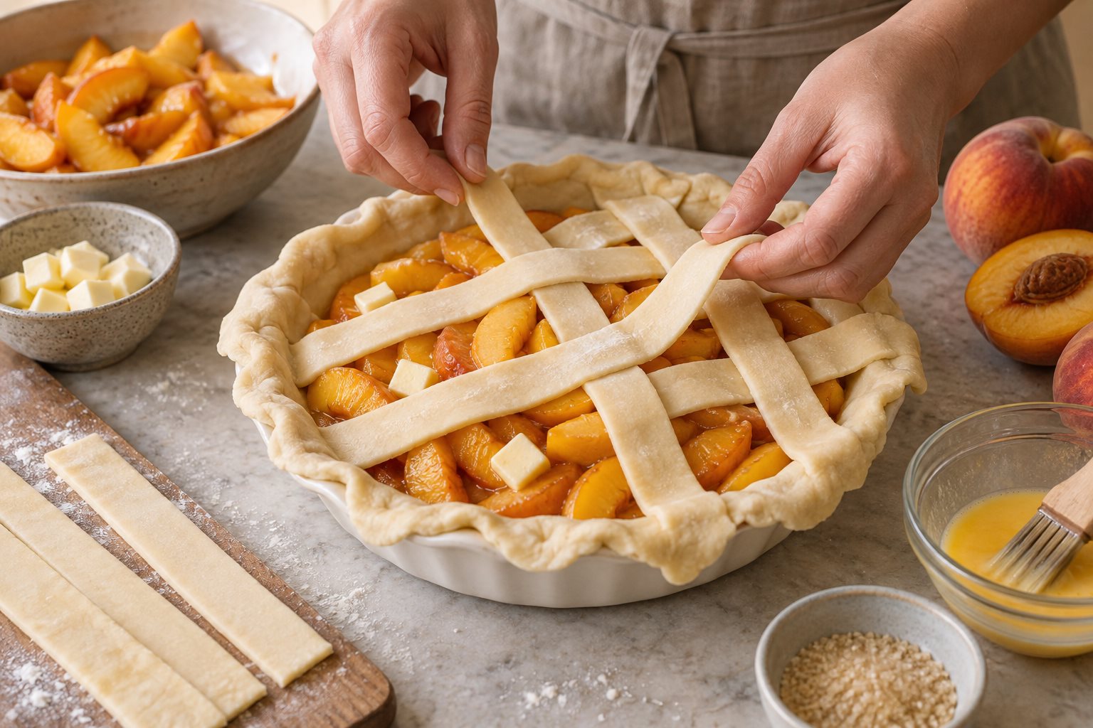 Hands weaving strips of pastry over peach filling in an unbaked pie.