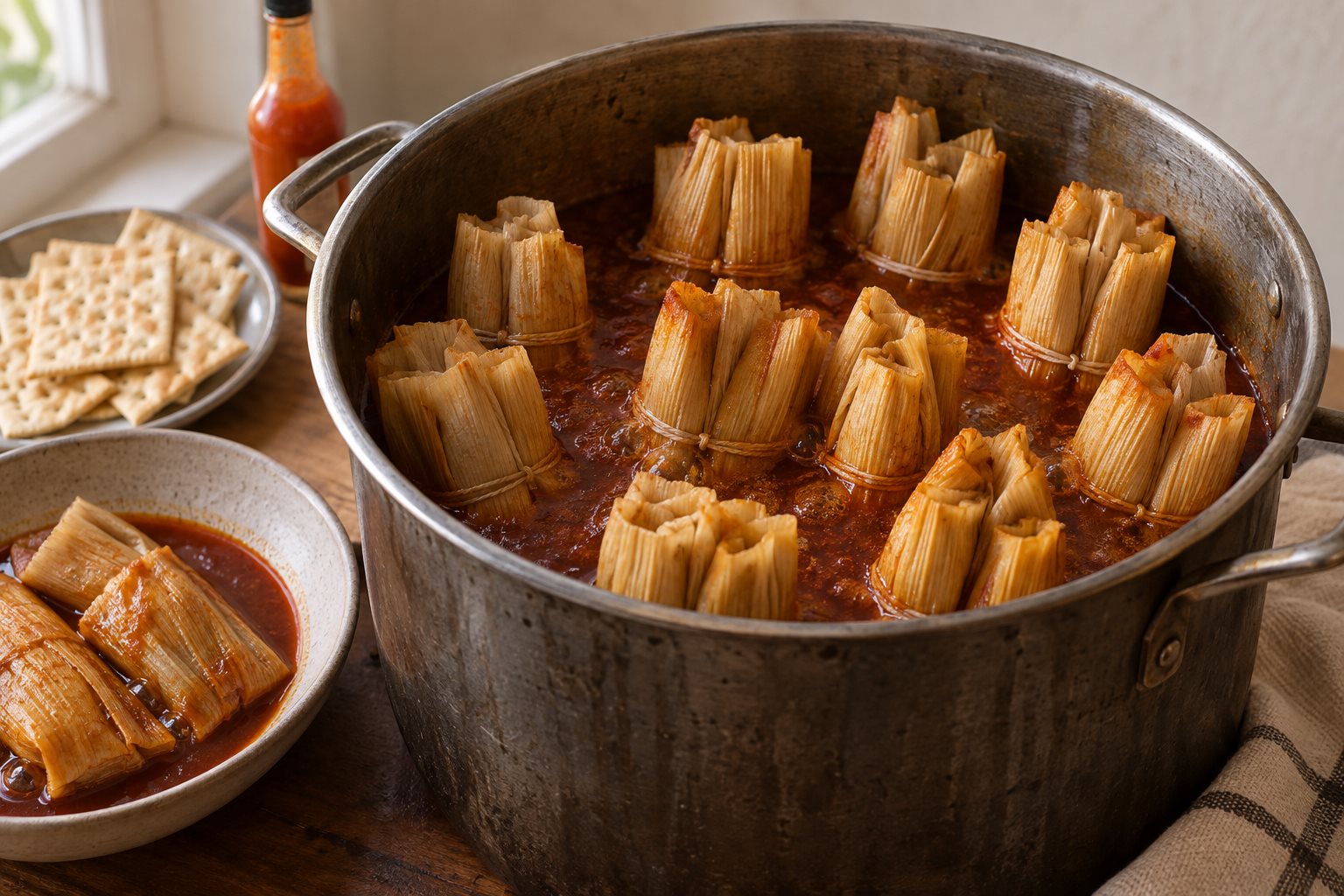 Small tamales in corn husks tied in bundles standing upright in red cooking liquid