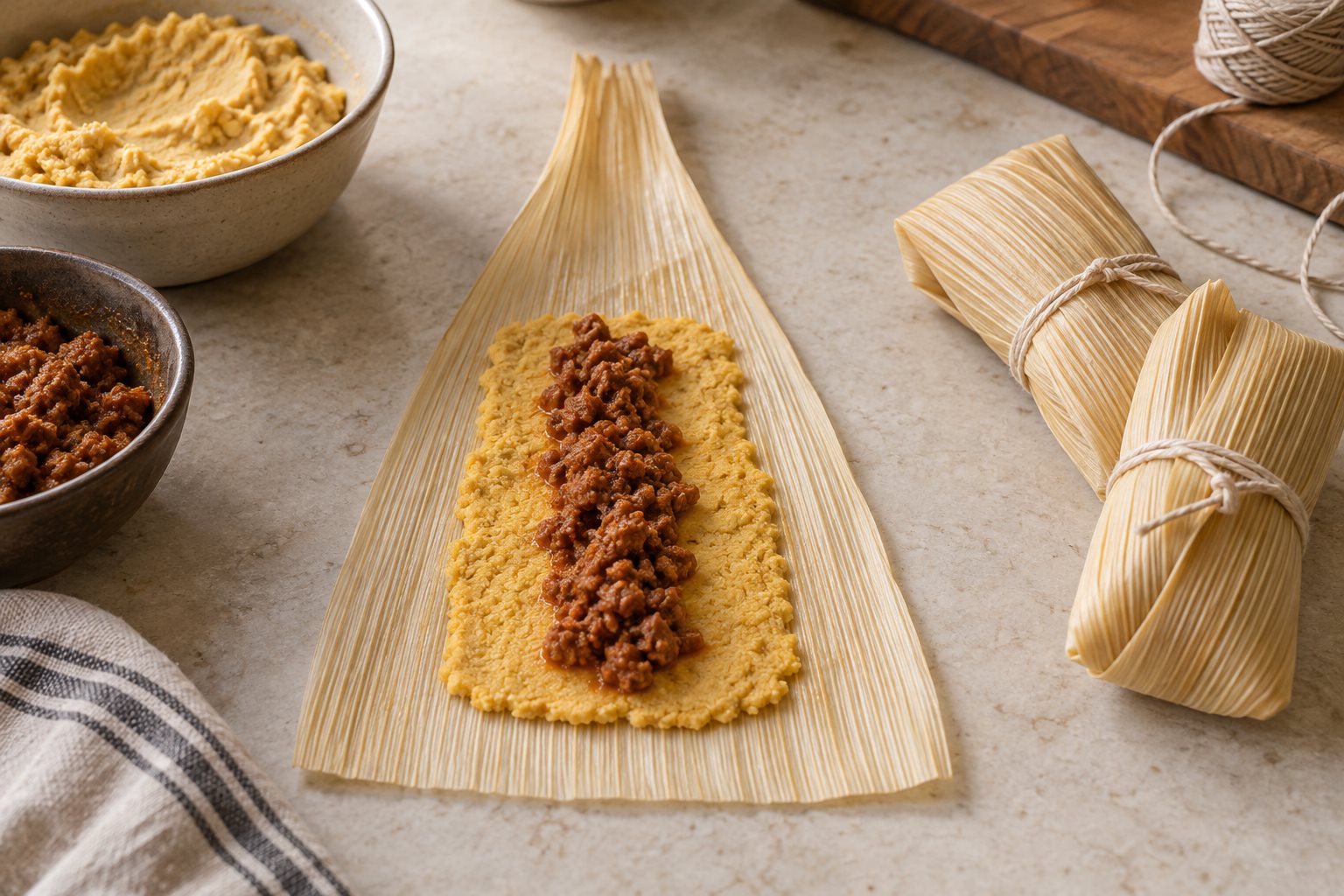 Cornmeal dough and cooked pork arranged on a corn husk before rolling