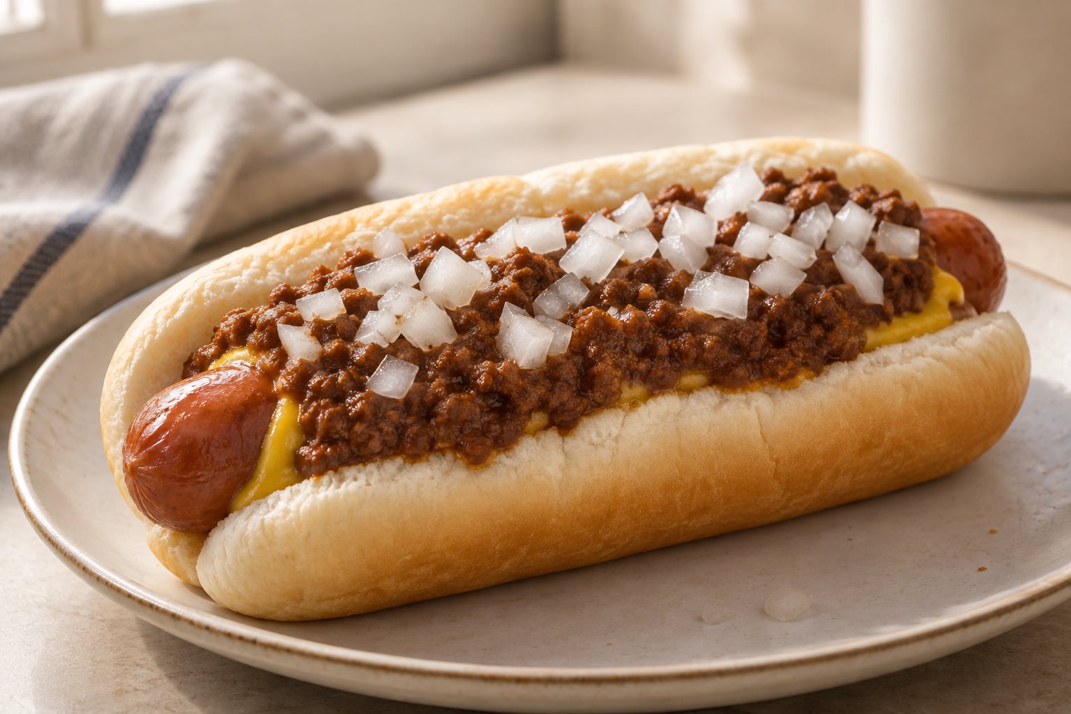 A natural-casing hot dog in a steamed bun covered with a fine loose beef sauce, a stripe of yellow mustard and diced white onion