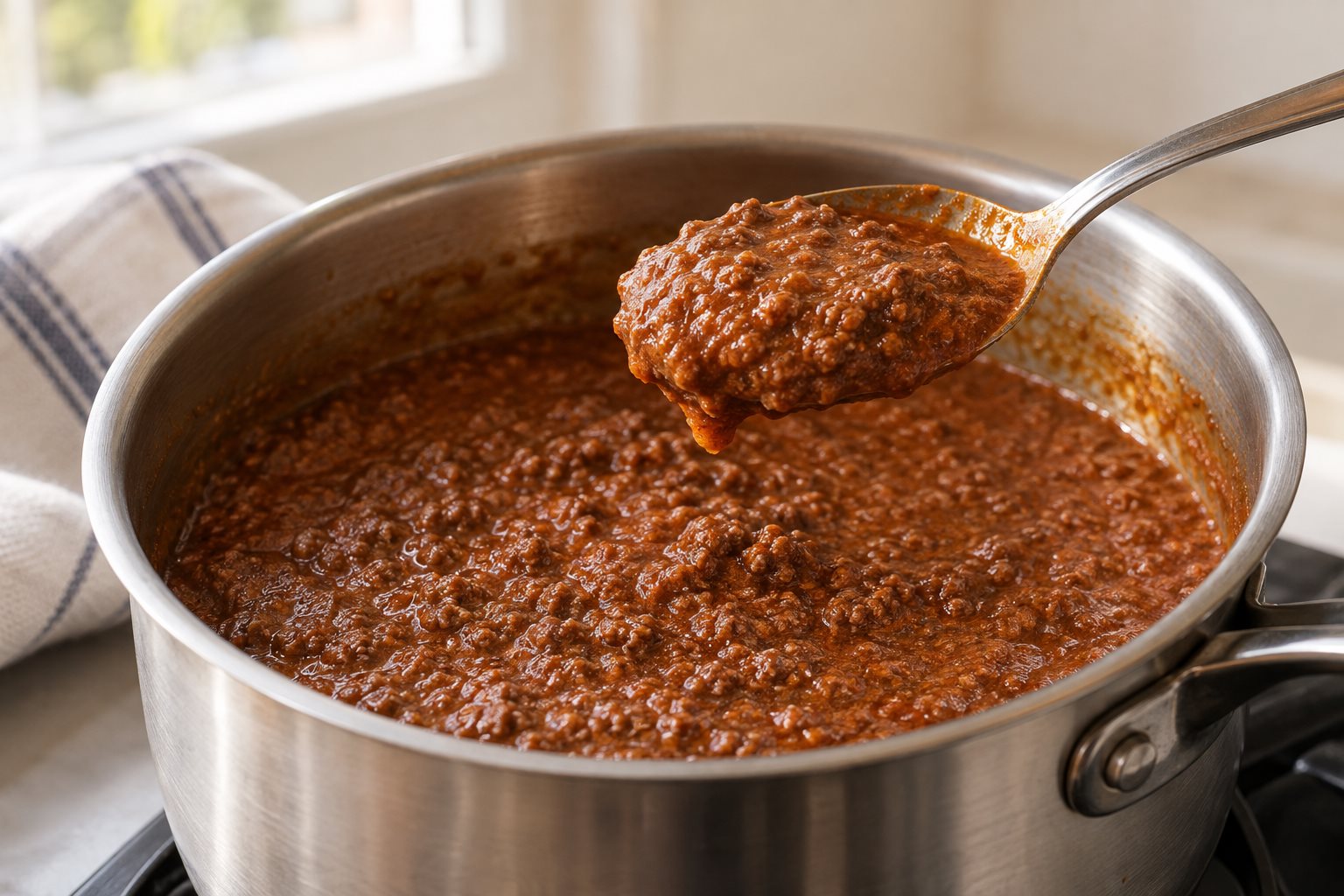 A spoon holding a soft mound of finely textured beef sauce above a saucepan