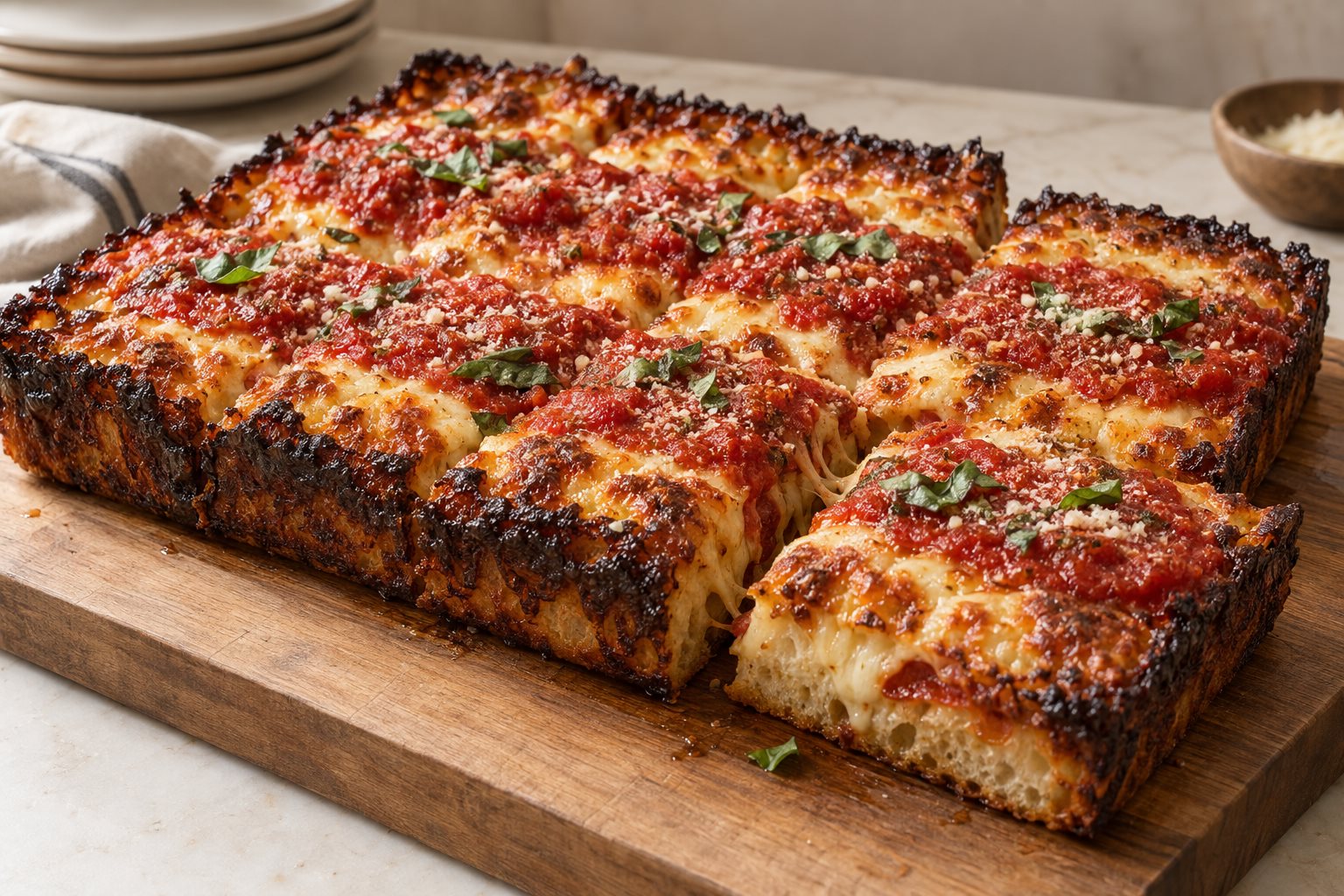 A rectangular pan pizza cut in squares, the cheese burnt dark brown along the outer wall, with two stripes of red sauce across the top