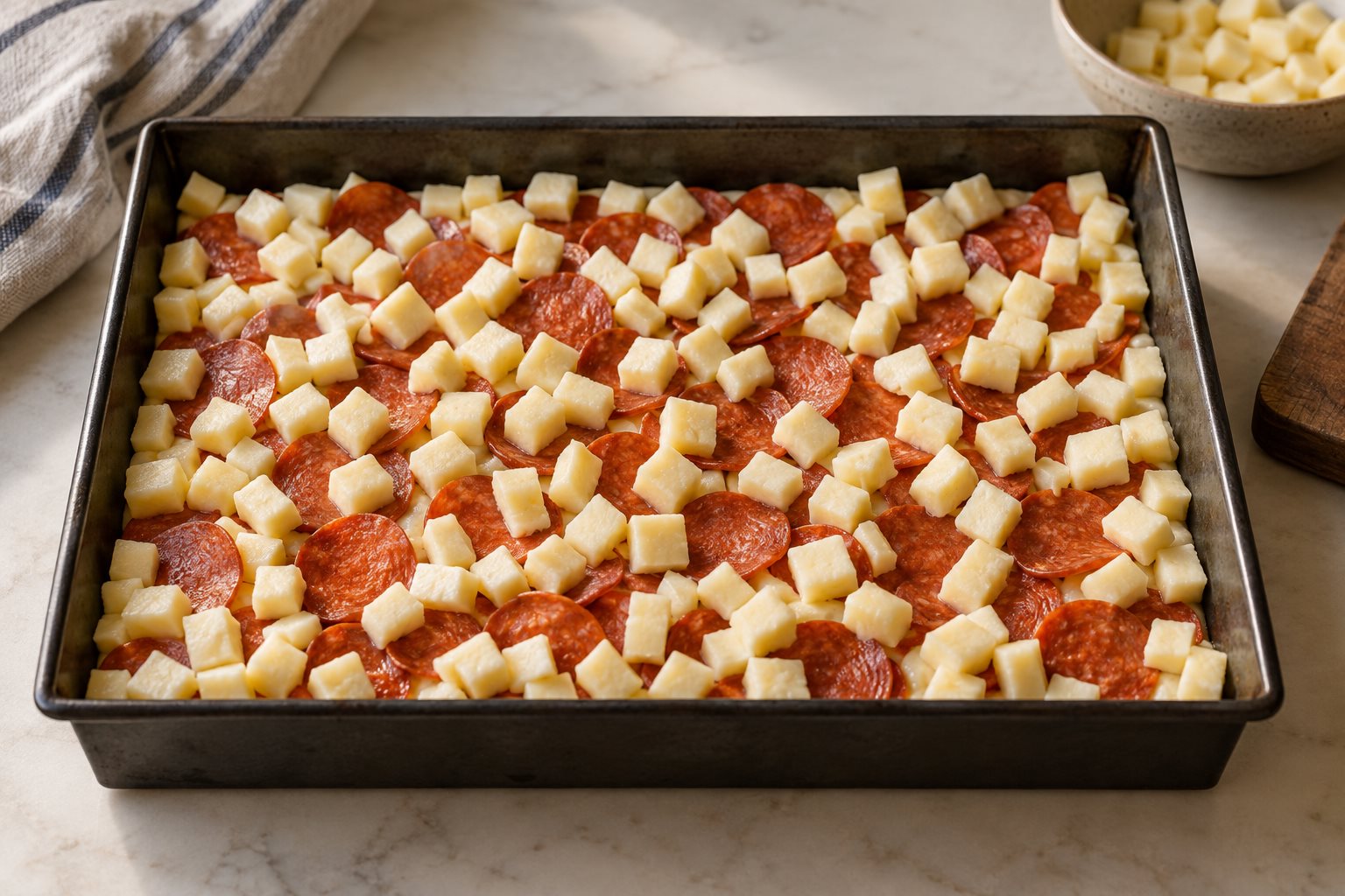 Brick cheese cubes reaching the walls of an unbaked rectangular pepperoni pizza