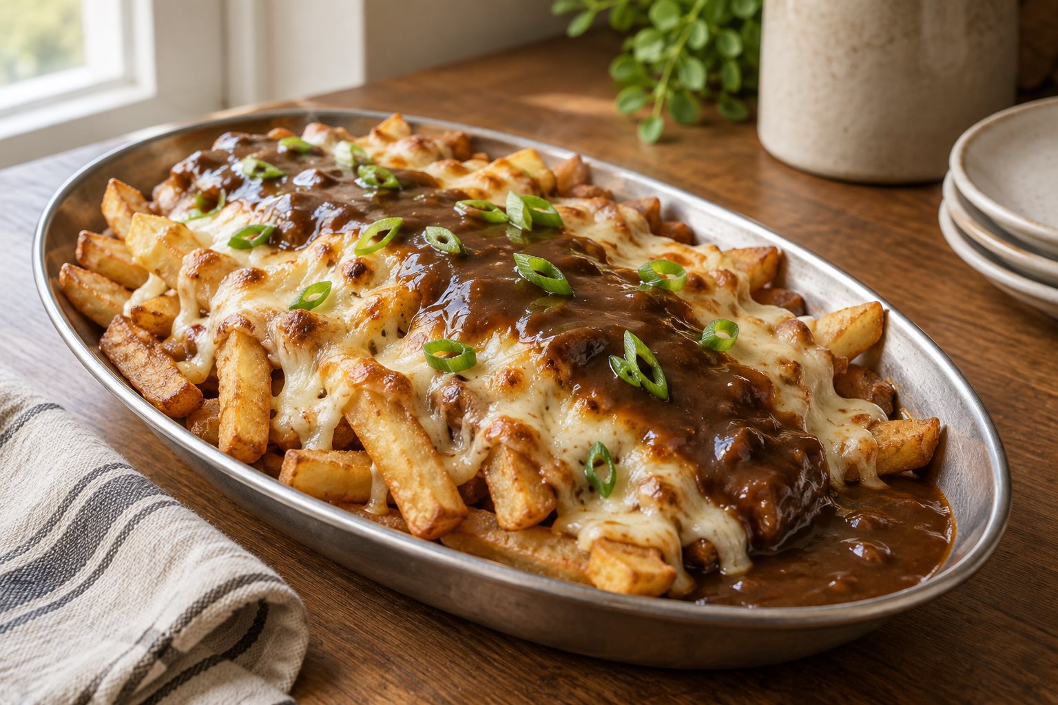 An oval metal dish of french fries buried under browned melted mozzarella with dark gravy pooling at one end