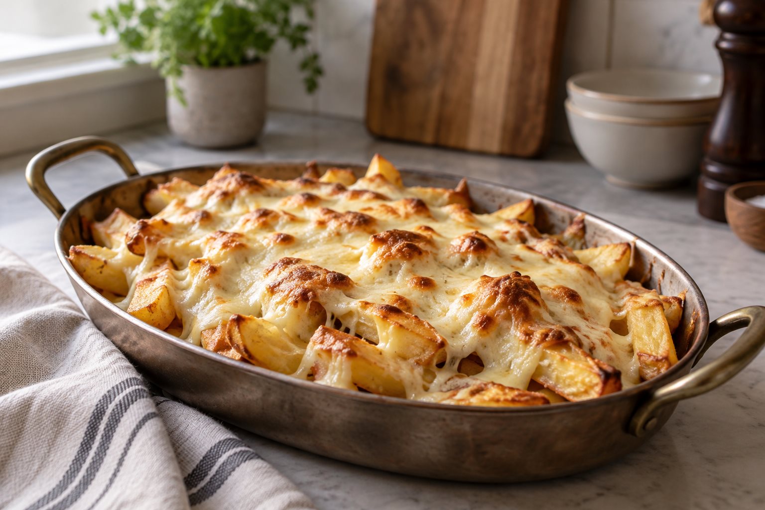 Golden fries topped with browned melted mozzarella before adding gravy
