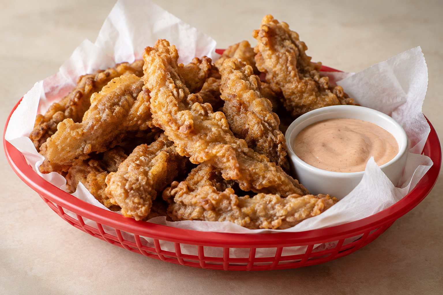 A red plastic basket lined with paper holding a heap of golden battered beef strips with a cup of pink fry sauce