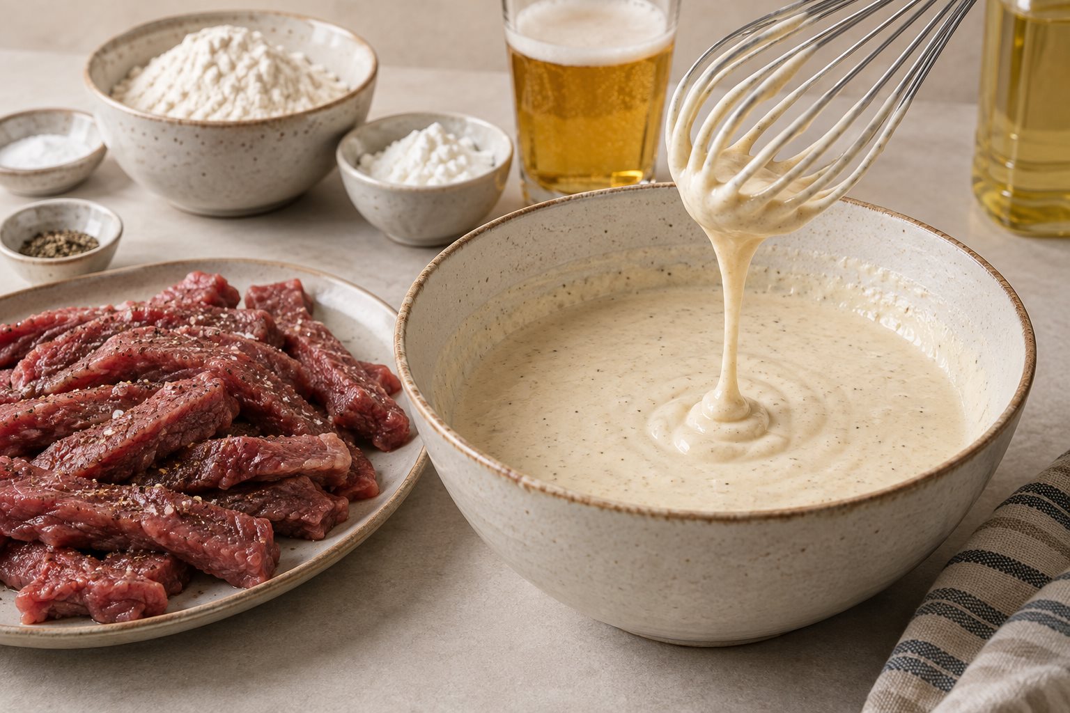 Beer batter falling from a whisk in a thin ribbon beside seasoned beef strips.