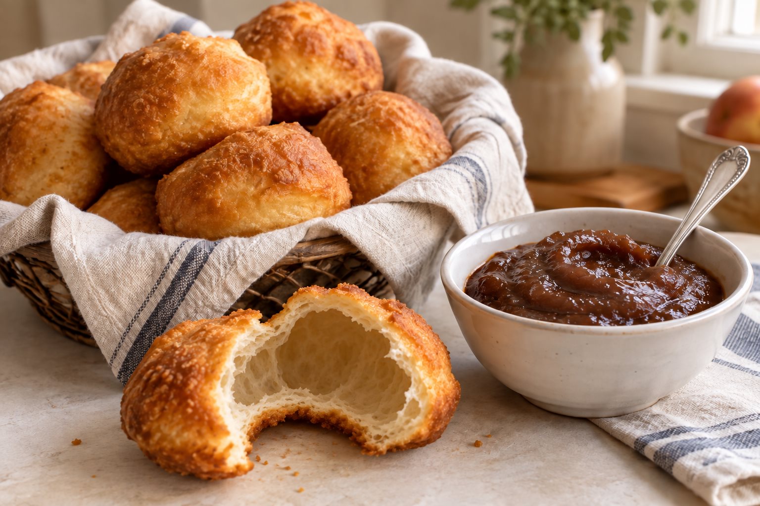 A basket of golden fried rolls, one torn open to show a hollow centre, beside a bowl of dark apple butter.