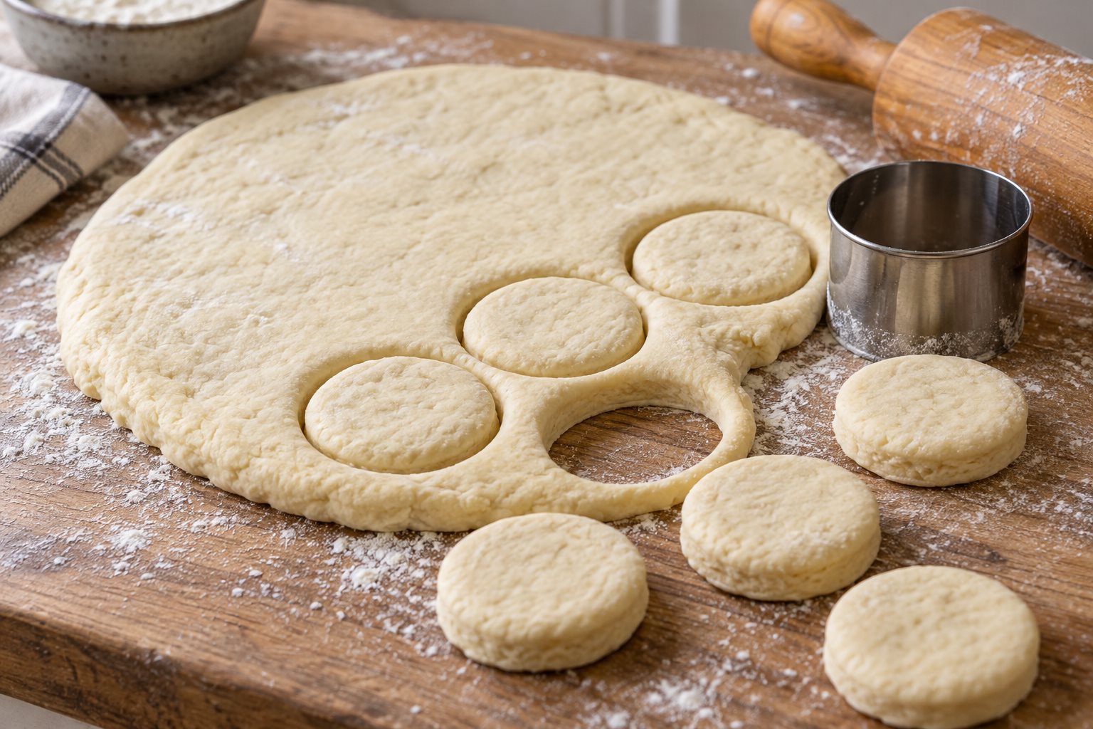 Small rounds cut from a sheet of pale dough beside a round cutter and rolling pin.