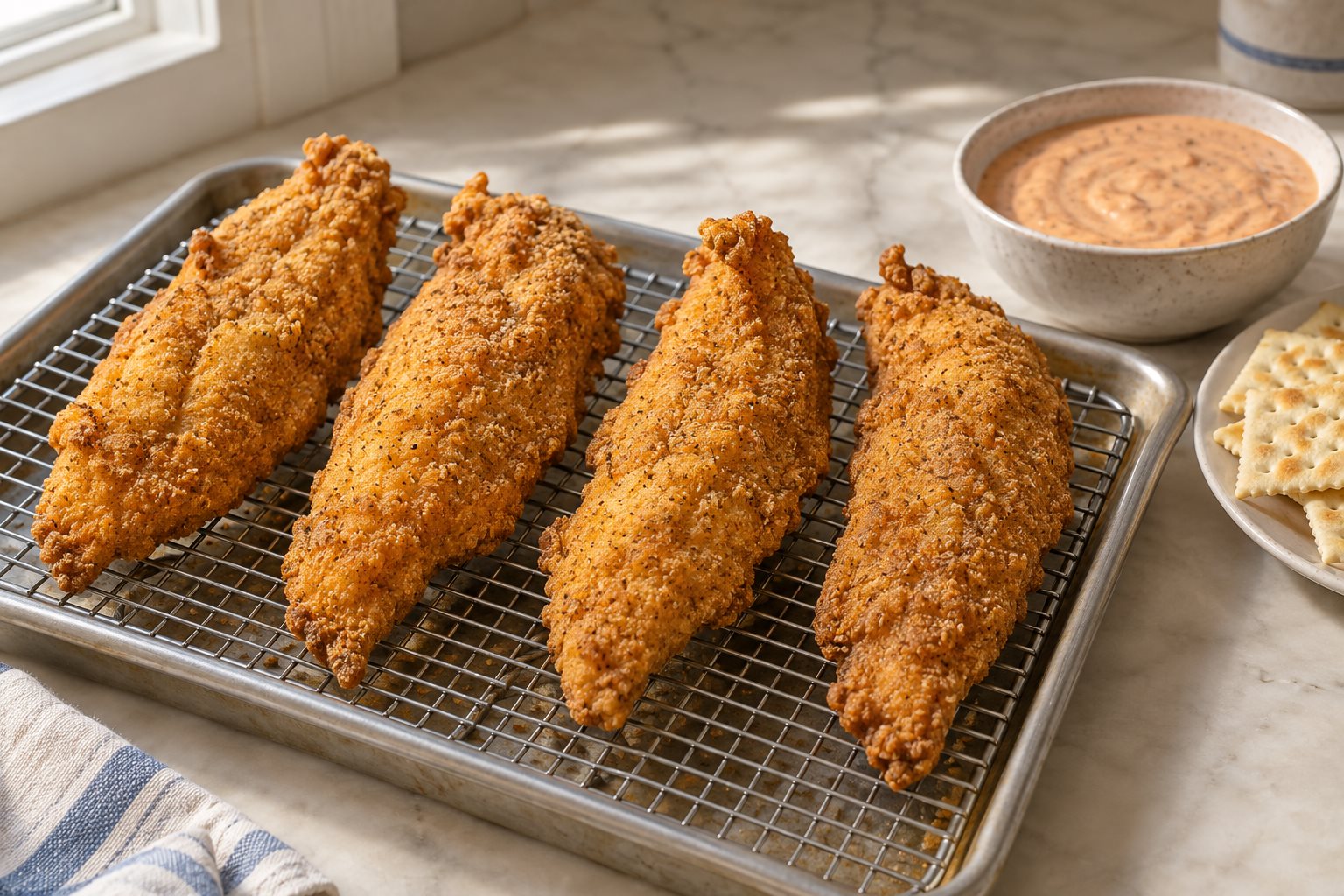 Four golden cornmeal-crusted catfish fillets on a wire rack above a tray beside pale orange comeback sauce and saltine crackers