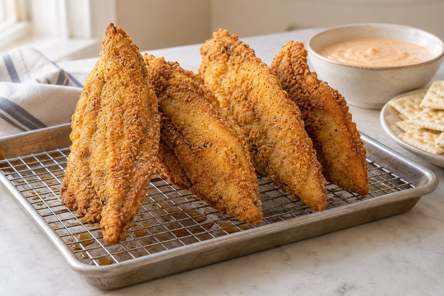 Cornmeal-crusted catfish fillets propped on edge on a wire rack