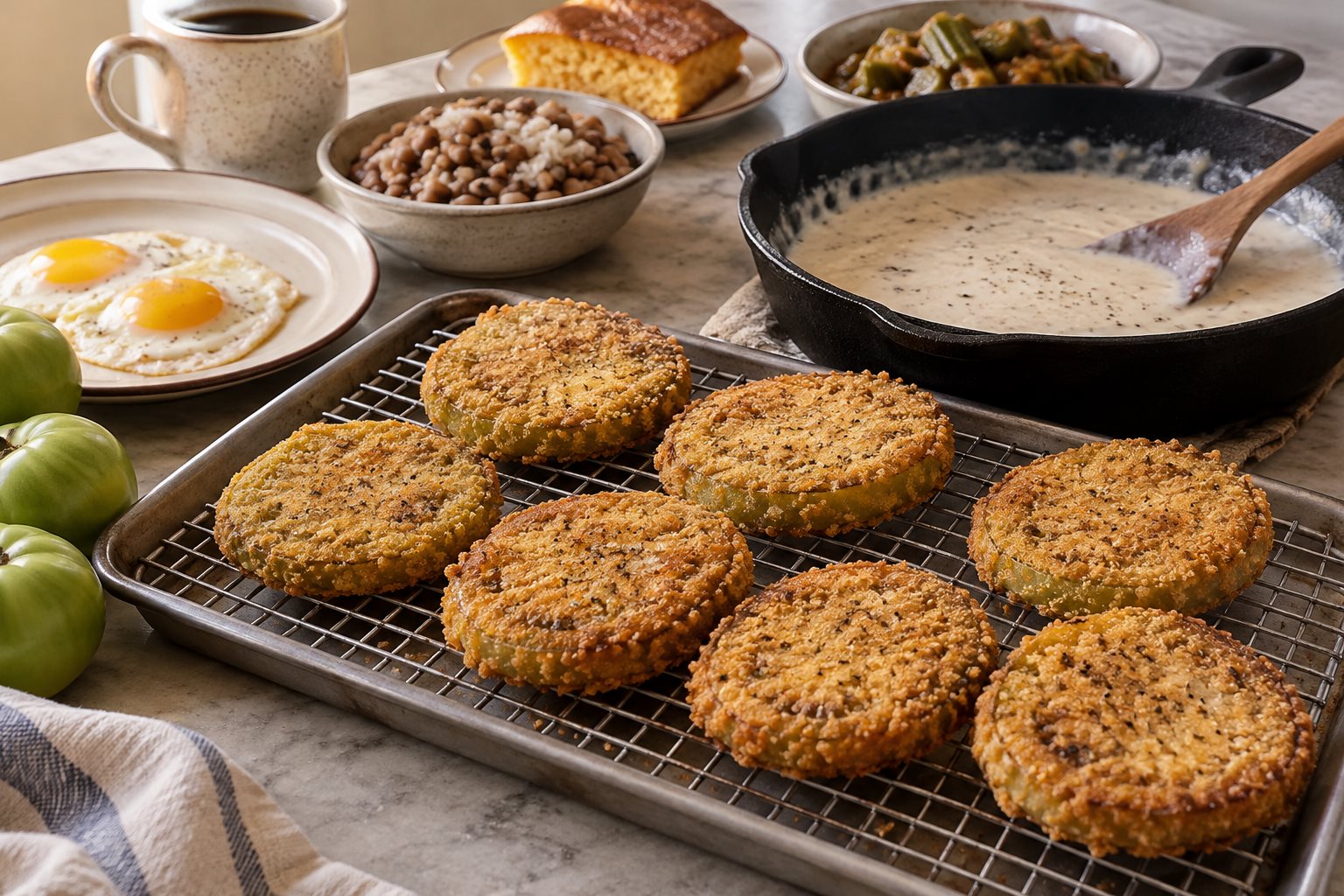 Cornmeal-crusted green tomato slices draining on a wire rack, with a cast iron skillet of milk gravy behind them