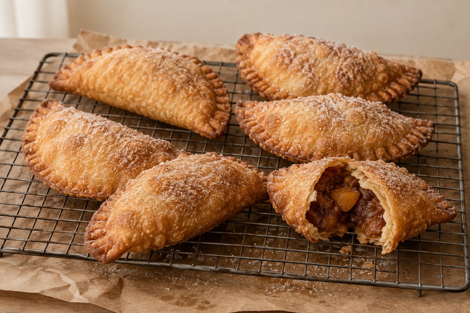 Six half-moon fried pies draining on a wire rack over brown paper, one broken open to show a dense dark peach filling holding its shape