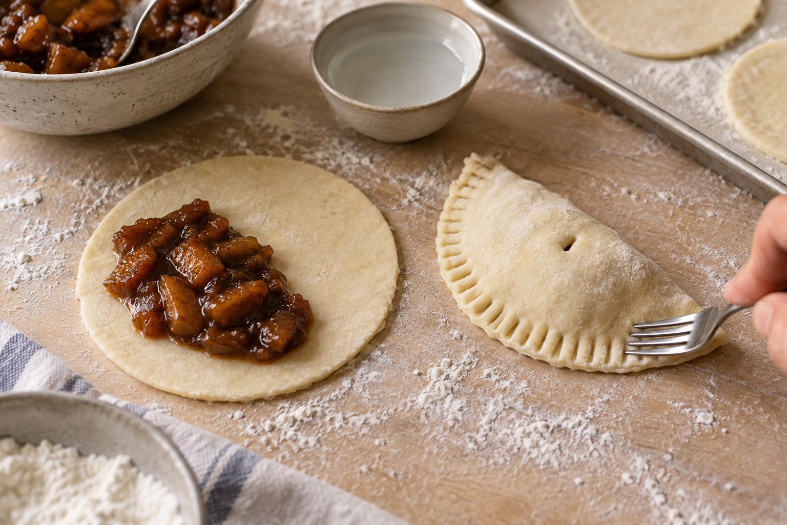 Close-up on a lightly floured board: one five-inch pastry circle with a modest tablespoon of thick dark dried-peach filling on one half and a clean border; beside it a folded half-moon pie whose edge is being sealed with a fork. No fresh peach slices.