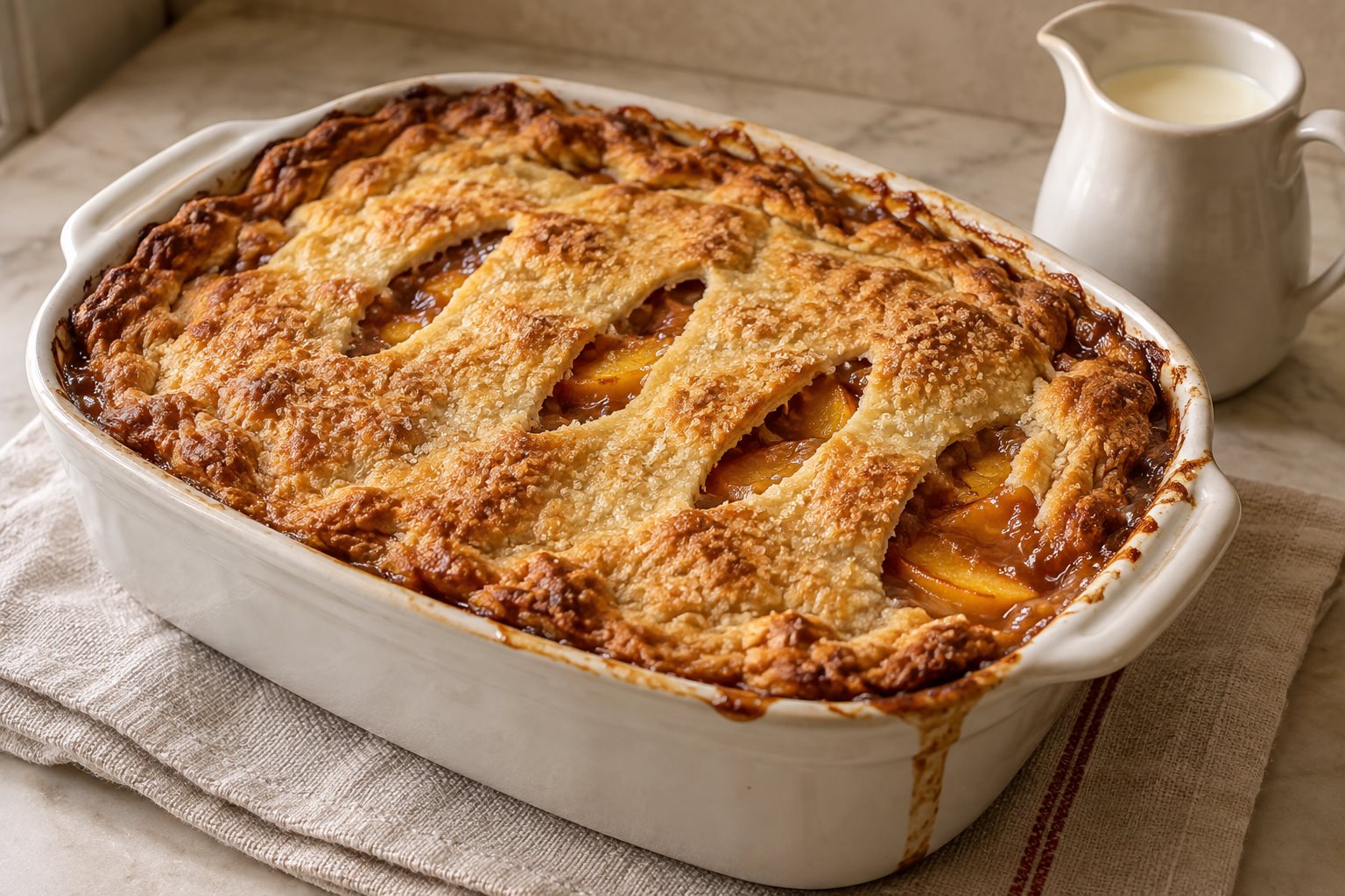 A deep white baking dish of peach cobbler with a browned pastry lid, dark juice bubbling through the cut vents, a jug of cream beside it