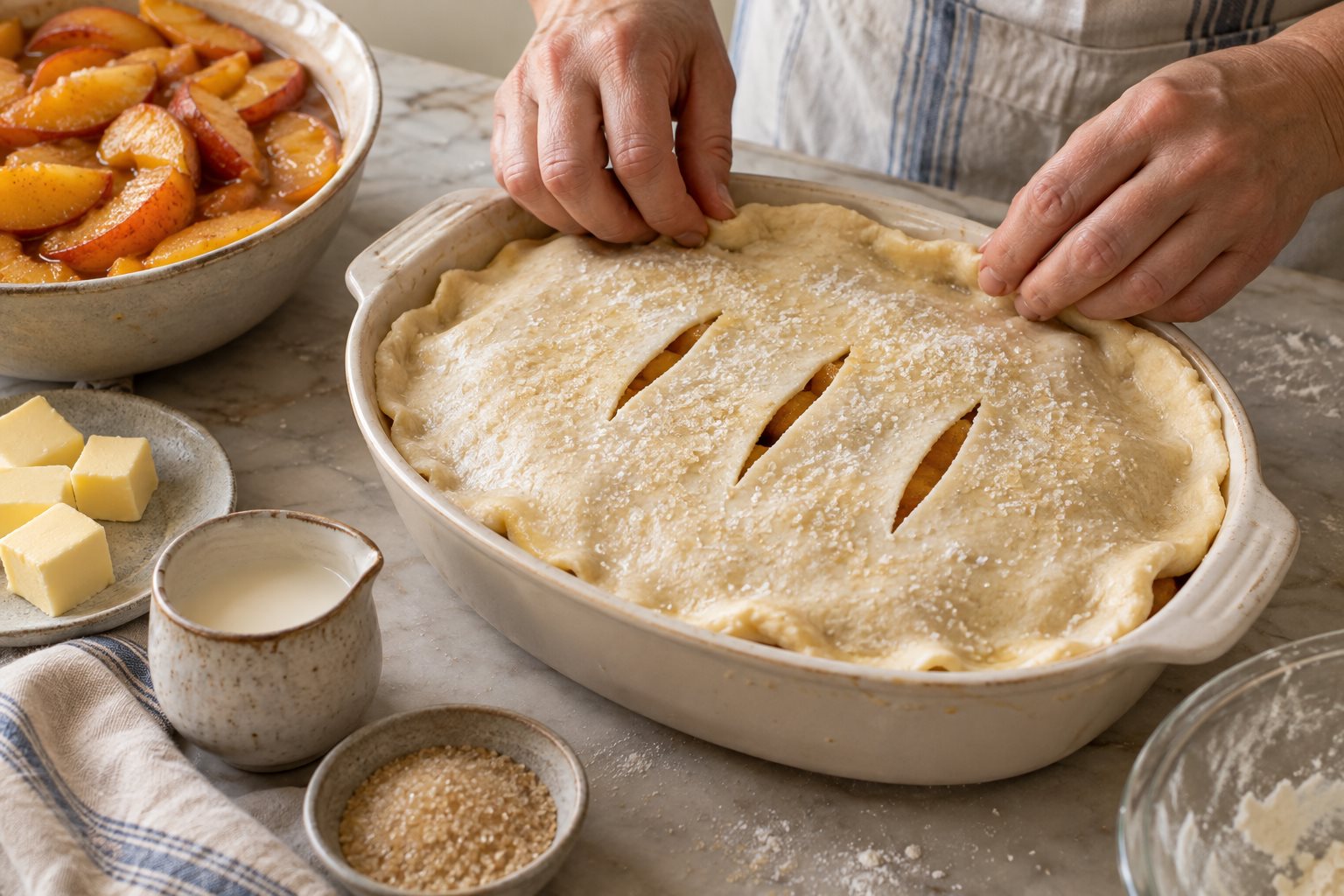 Hands tucking a vented pastry lid inside the rim of a peach cobbler dish.