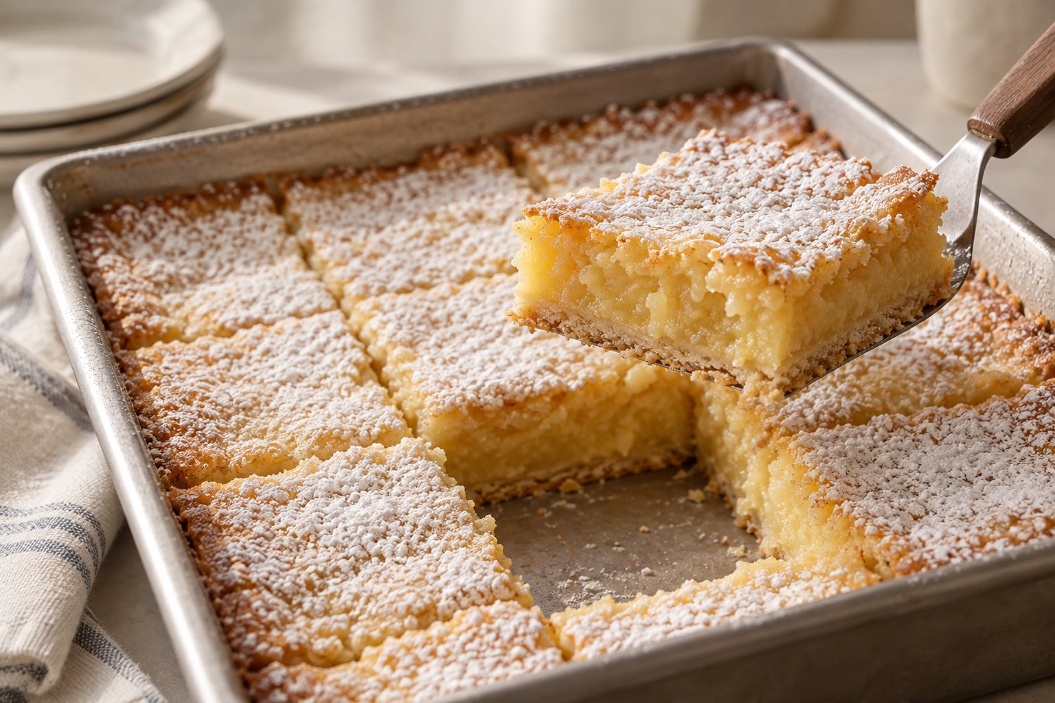 A pale golden sheet cake cut into squares, dusted with powdered sugar, the cut faces showing a thin base under a dense wet layer