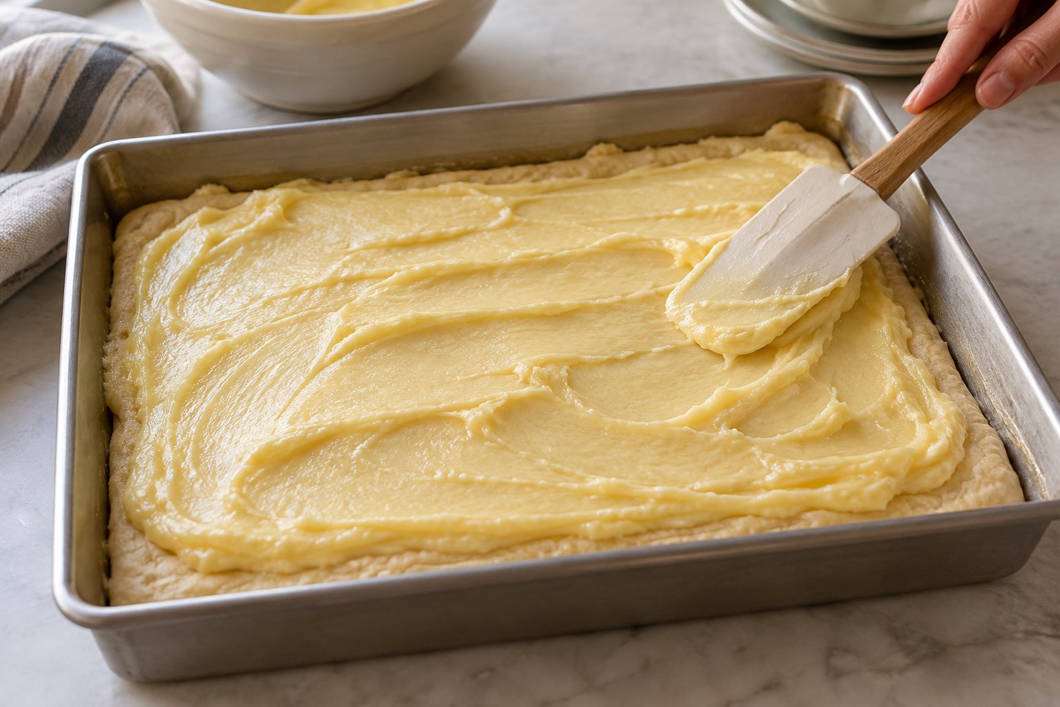 Pale butter topping spread over a thin yeast dough base in a rectangular pan