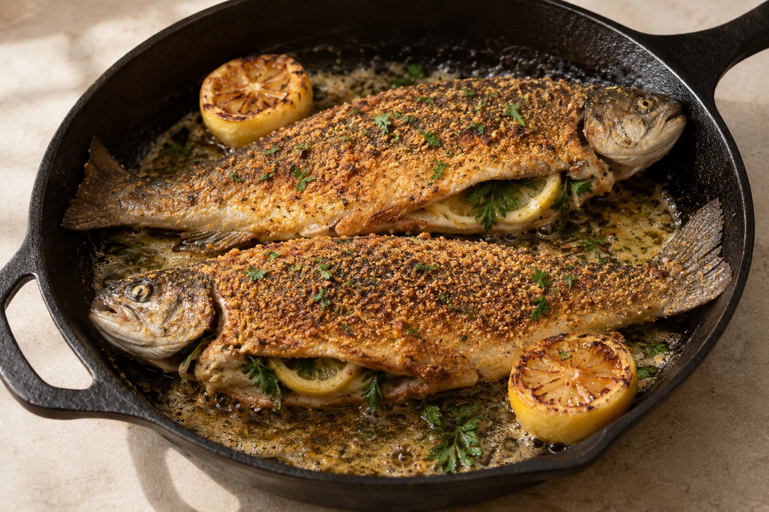 Two whole rainbow trout in a dark cornmeal crust lying head to tail in a cast iron skillet with lemon halves browning beside them