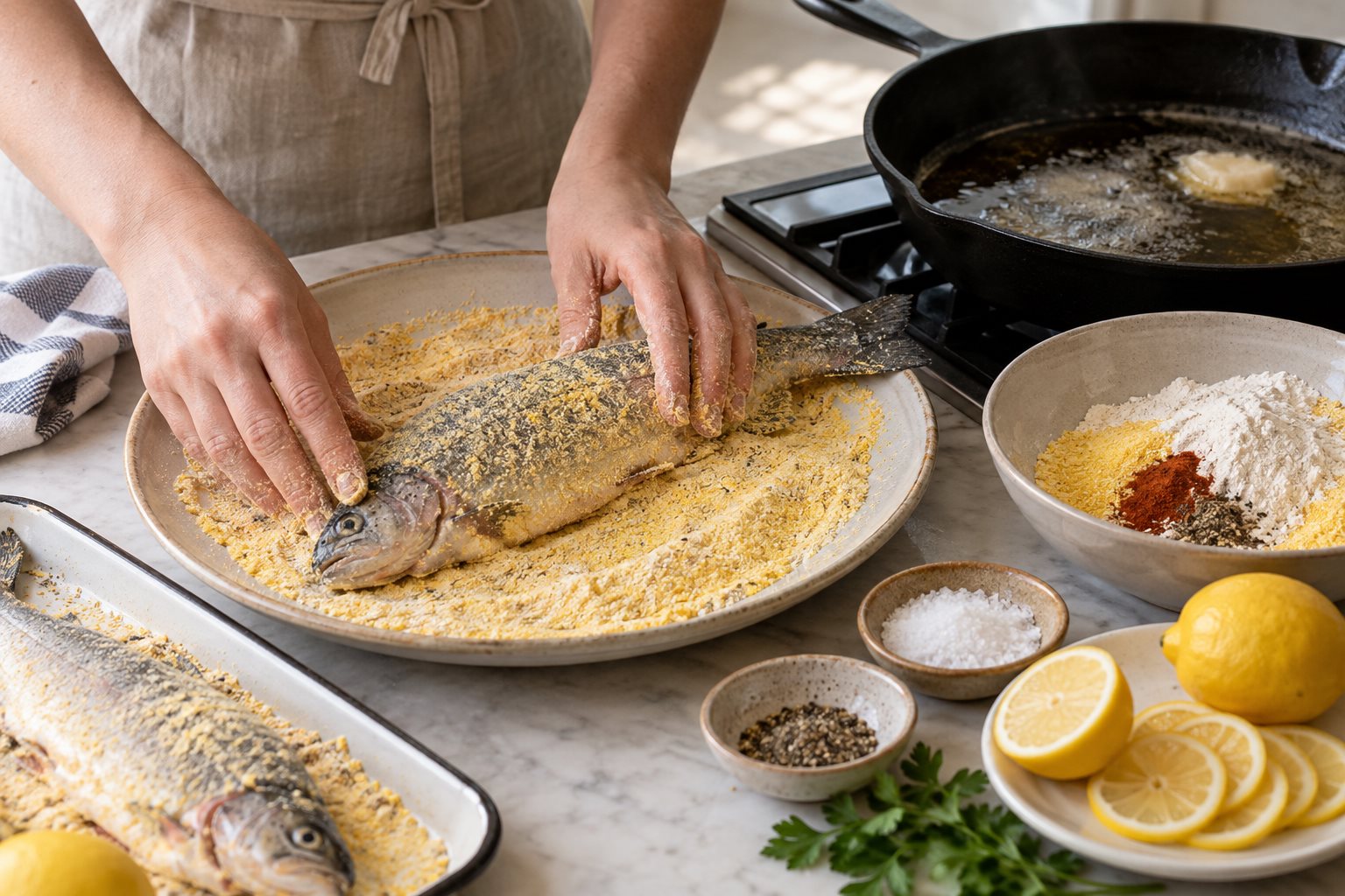A whole rainbow trout being pressed into cornmeal coating on a wide plate.