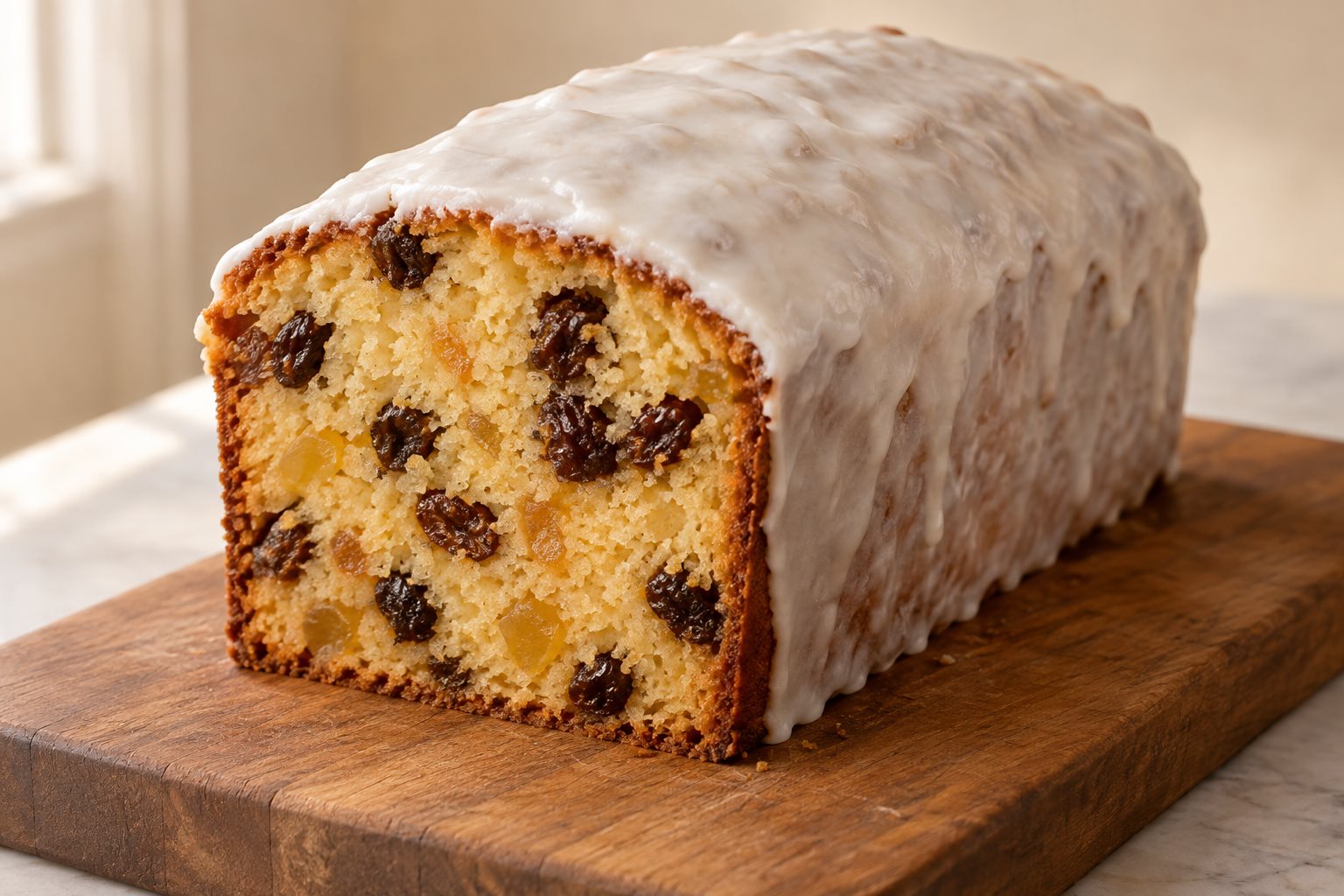 A tall frosted loaf cake on a wooden board, one end cut to show a dense golden yellow crumb packed with dark raisins and cubes of candied citron