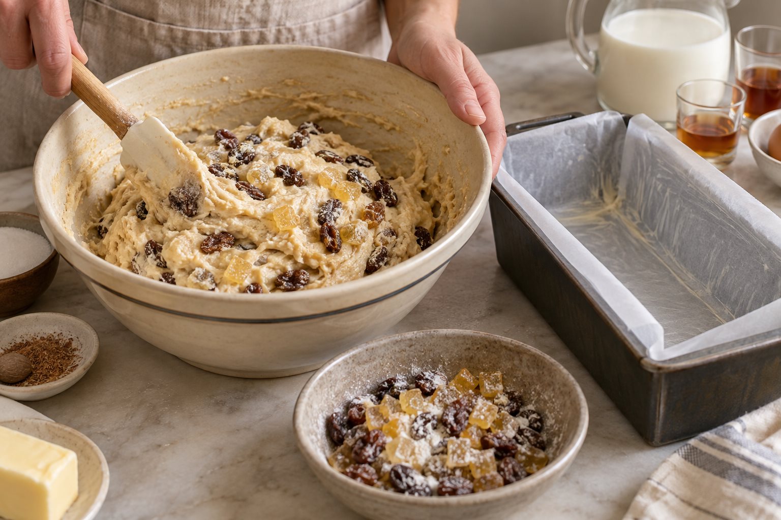 Raisins and diced candied citron being folded through thick cake batter beside a lined loaf pan.