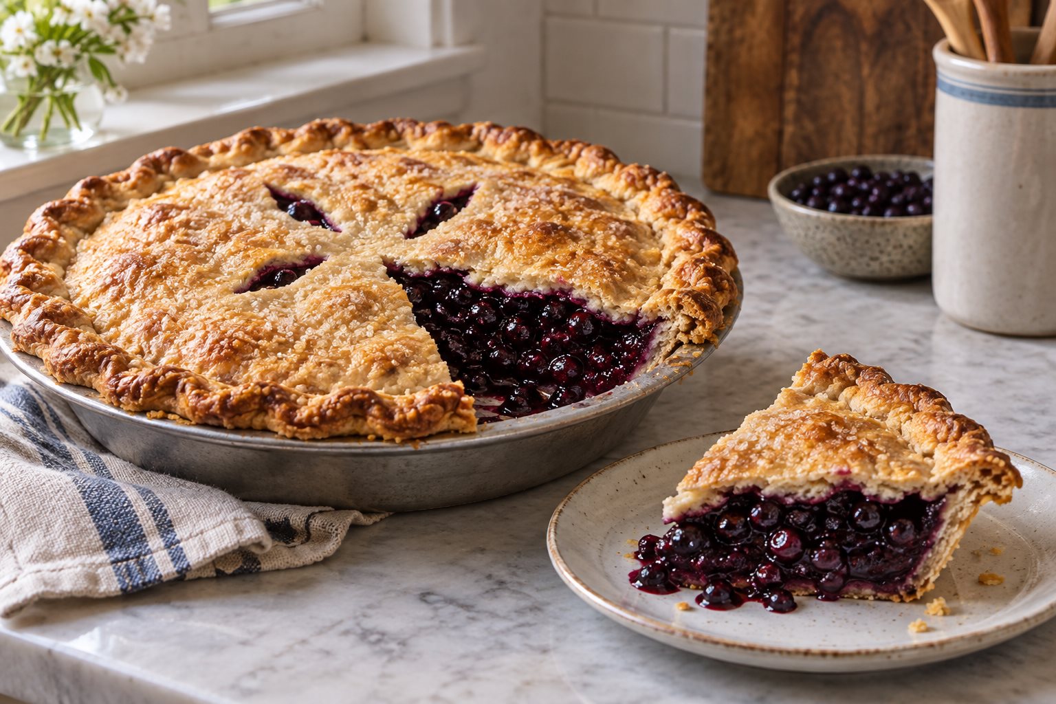 A deep double-crust pie cut open, dark purple huckleberry filling running slightly onto the plate, crust sugared and browned