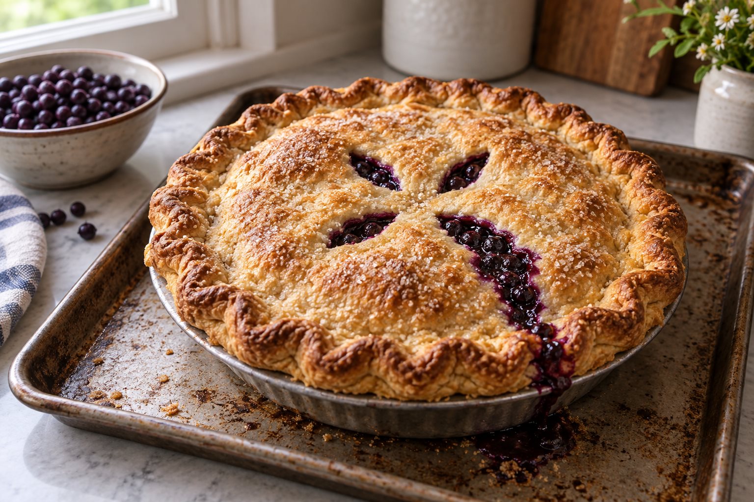 Thick purple huckleberry juice bubbling through the vents of a golden pie