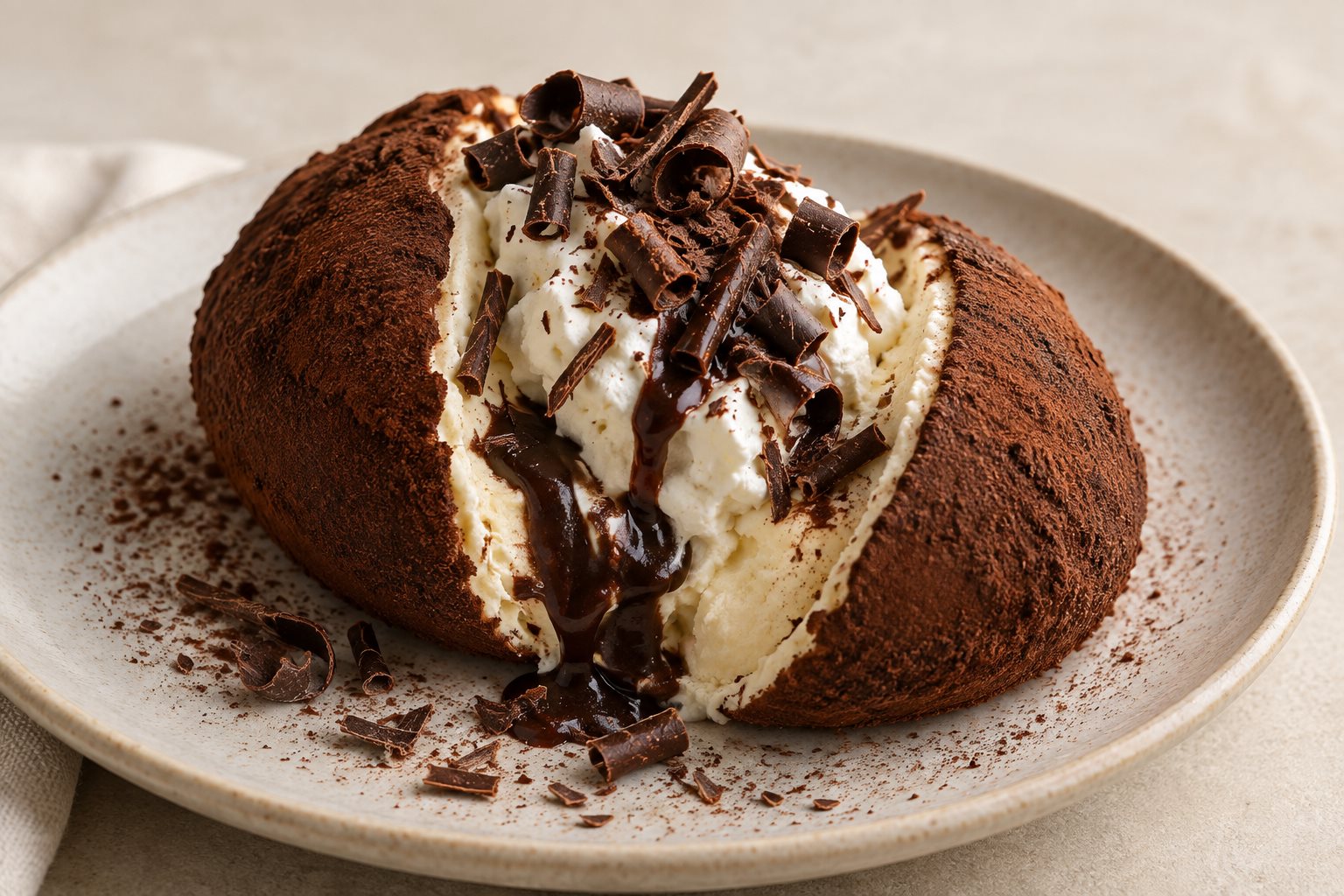 A dark cocoa-dusted oval of ice cream split open on a plate with a scoop of whipped cream in the cut and chocolate curls scattered over it